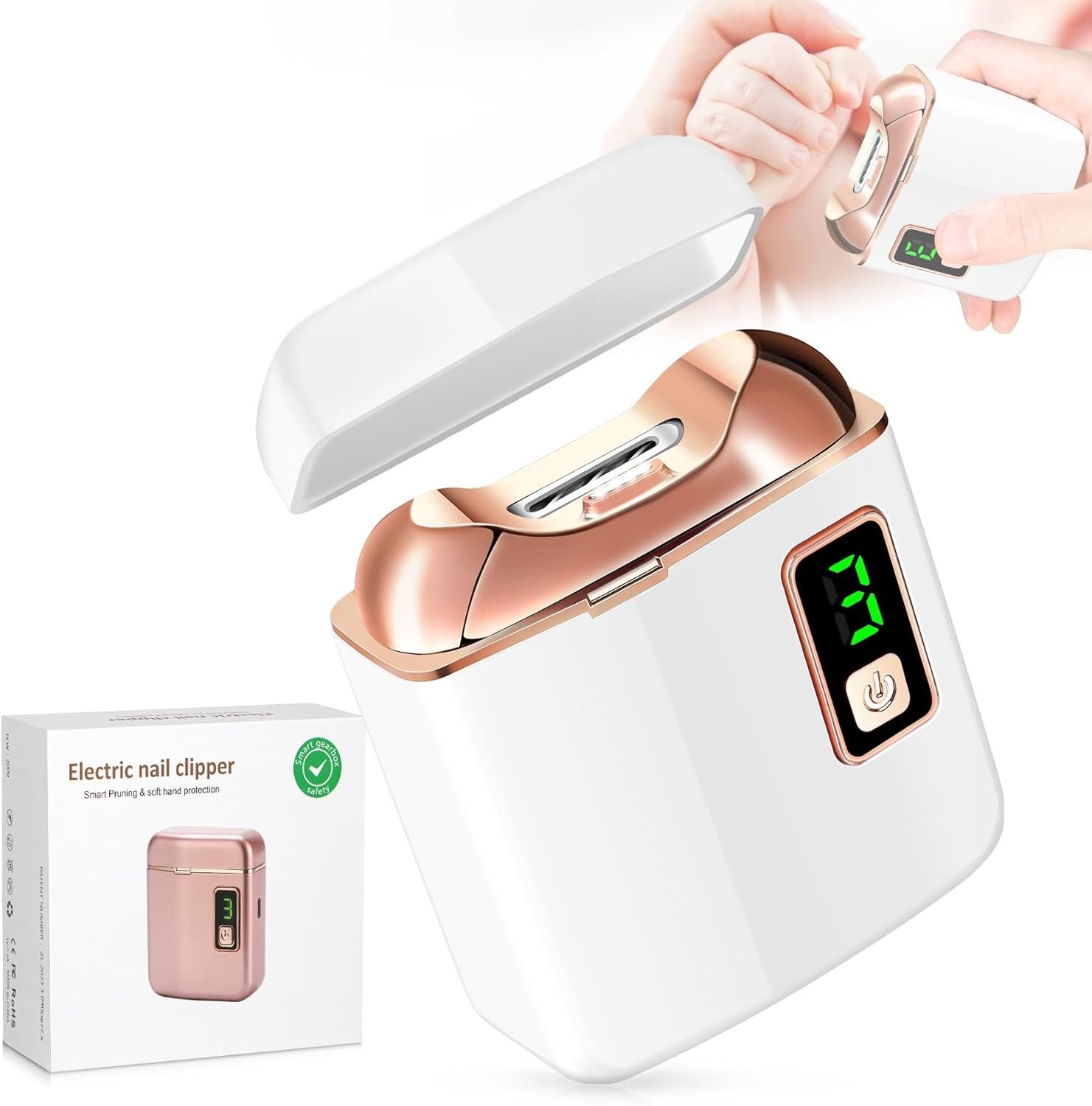 Electric Nail Clipper & Nail File – Automatic Baby Trimmer with LED Light, Rechargeable 3-Speed Quiet Safety Blades & Built-in Scrap Collection, Portable Nail Care for Infant, Kids, Adults, Elderly