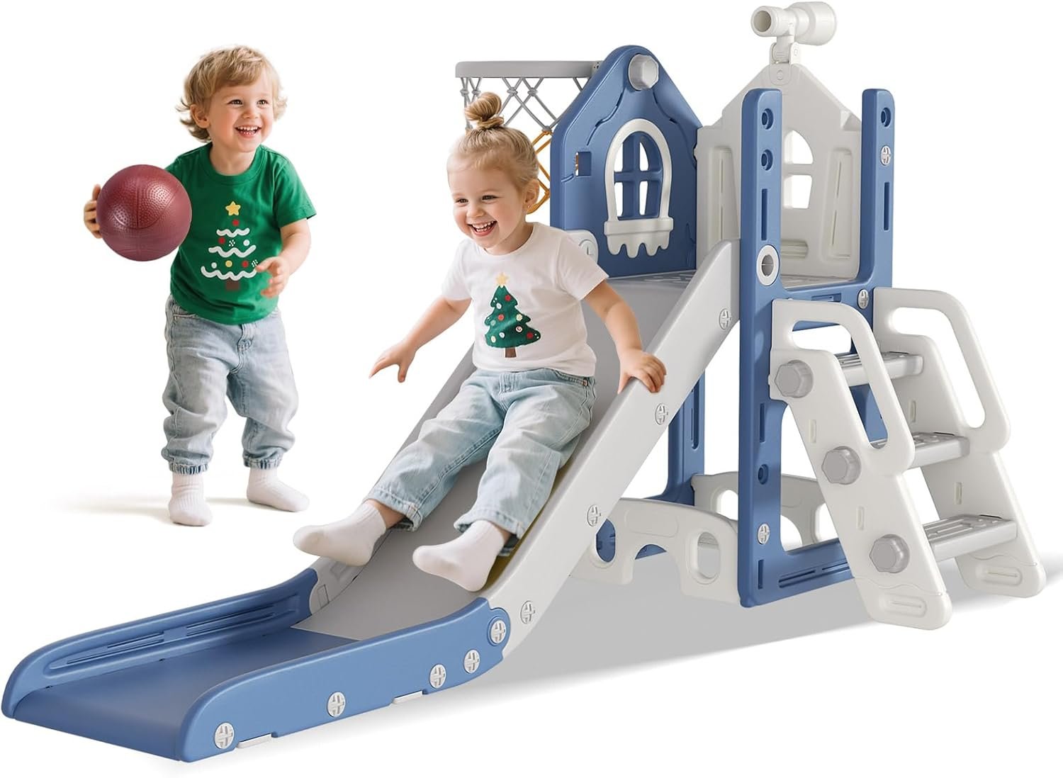 BIERUM 6 in 1 Toddler Slide – L-Shaped Baby Slide for Toddlers Aged 1-3 with Basketball Hoop, Telescope Toy and Anti-Slip Pads, Indoor Outdoor Toddler Playset, Blue Gray