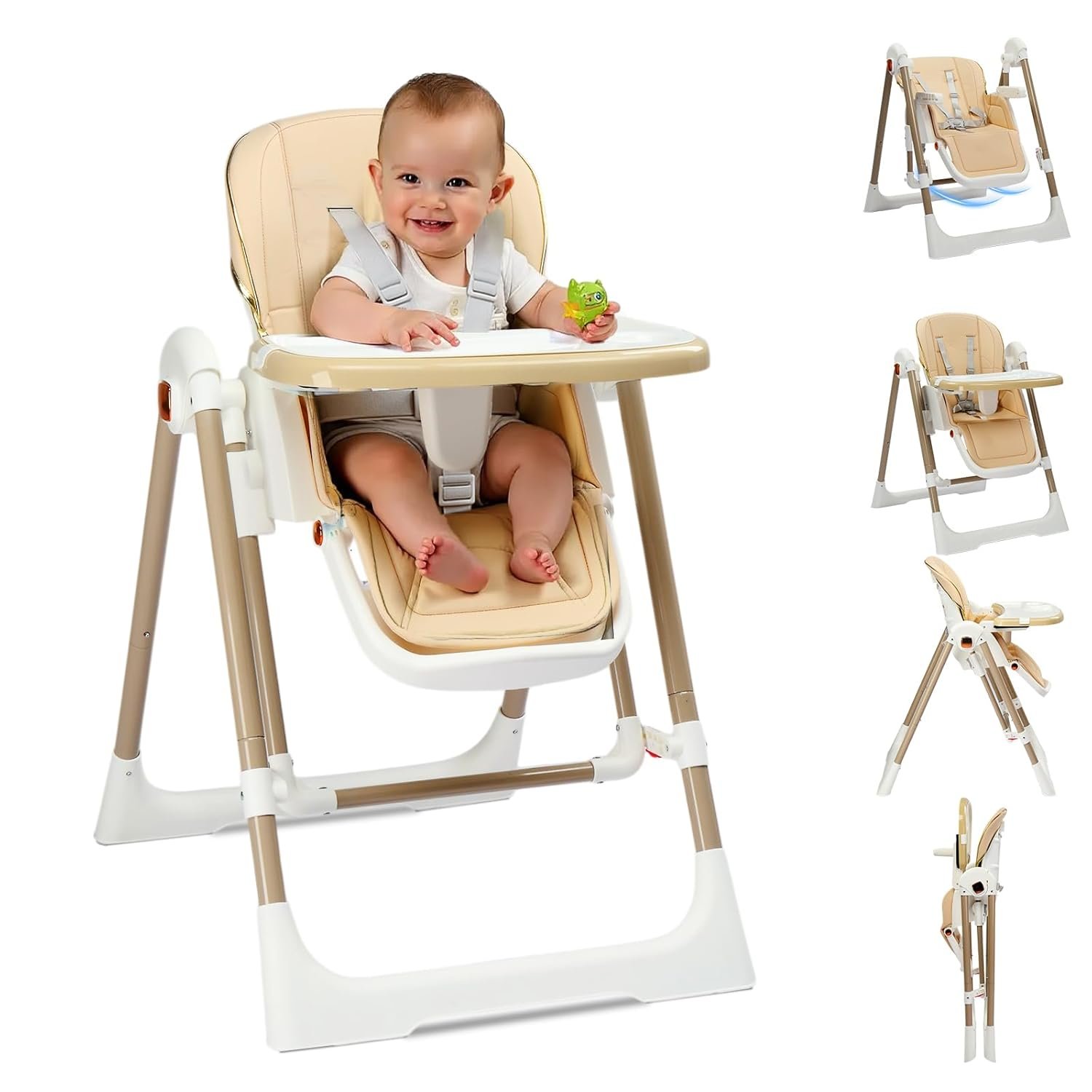 Ktaxon Folding Baby High Chair, Adjustable Height Highchair with Backrest, Dual-Layer Tray and 5-Point Safety Harness for Toddlers & Babies, Beige