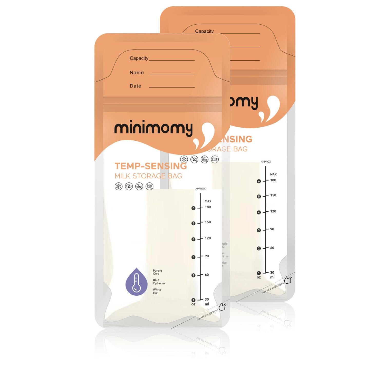 Breastmilk Storing Bags, Temp-Sensing Discoloration Milk Storing Bags for Breastfeeding, Disposable Milk Storage Bag with 6 Ounce Self Standing, No-Leak Milk Freezer Storage Pouches, 50pcs