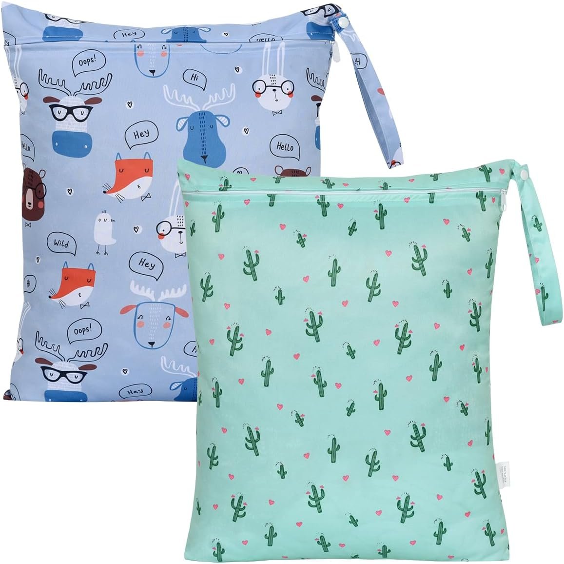 OTraki 2Pcs Waterproof Wet Dry Bags 16×20 inch Wet Bag for Baby, Swimsuit, Cloth Diaper, Daycare With Zippered & Handle Wet Clothes Storage Bag Drying Do Not Exceed 176℉ (Animal & Cactus Pattern)