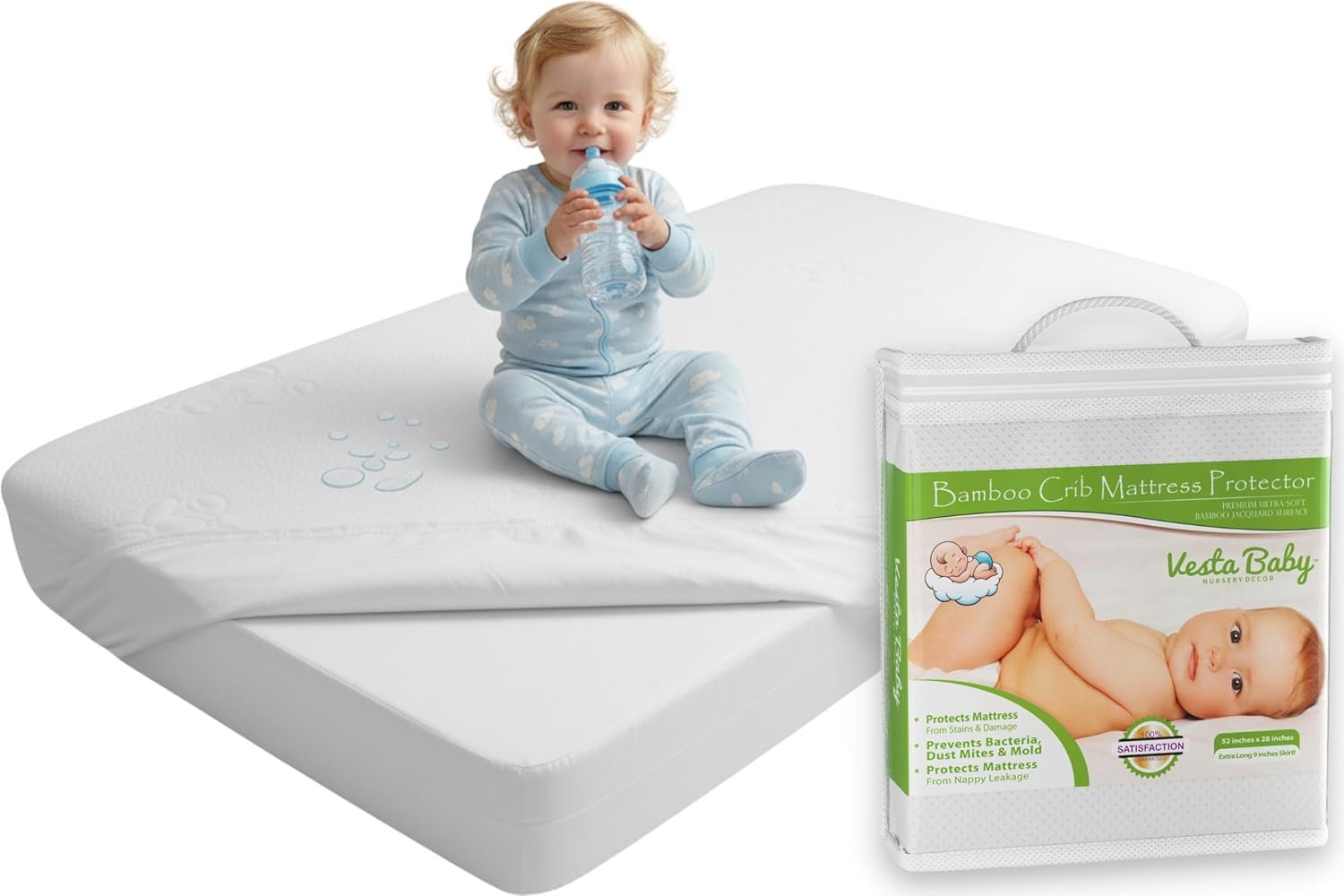 Vesta Baby Crib Mattress Protector – 52” x 28” Noiseless Waterproof Pad Cover – Absorbent Soft Jacquard Bamboo Rayon Fitted Sheet for Infant & Toddler Bed Potty Training
