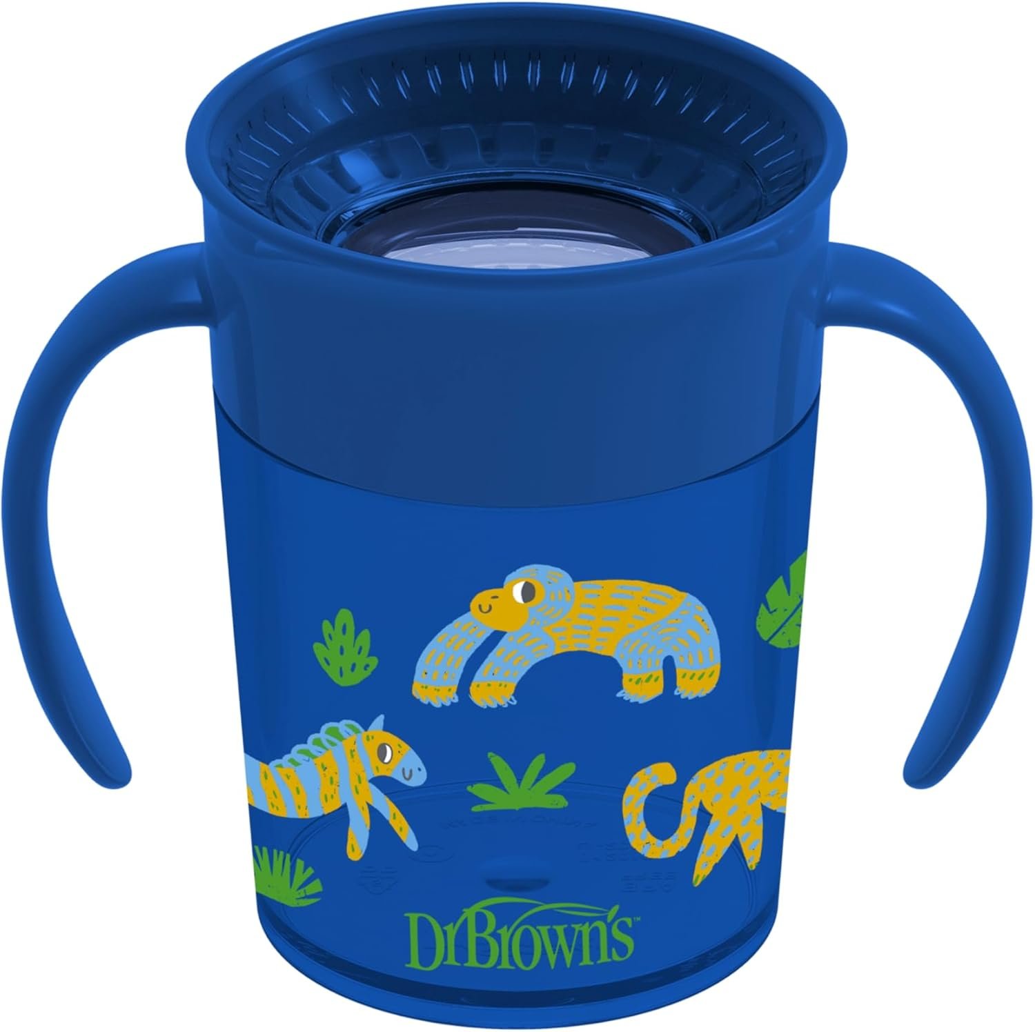 Dr. Brown’s Milestones Cheers 360 Spoutless Transition Cup with Handles, Travel Friendly and Leak Free Sippy for Babies and Toddlers, Blue Animals, BPA-Free, 7 oz/200 mL, 6m+, 1-Pack