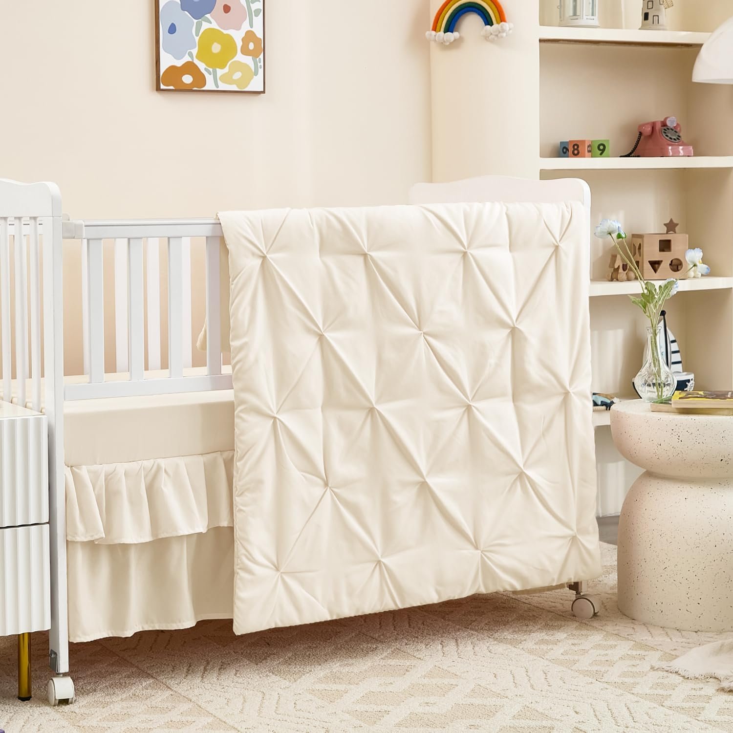 3-Piece Crib Bedding Set for Girls Boys – Ultra Soft & Skin Friendly Baby Bedding Crib Set Includes Crib Comforter, Sheet & Skirt (Light Beige)