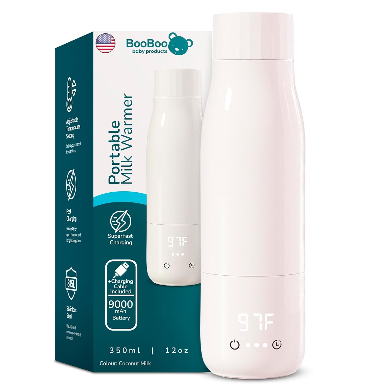 BooBoo Baby Portable Milk Bottle Warmer for Travel | Fast Heating for Breast Milk, Formula Milk & Water | Large Capacity, Long Battery Life – Ideal for Cars, Planes & On The Go