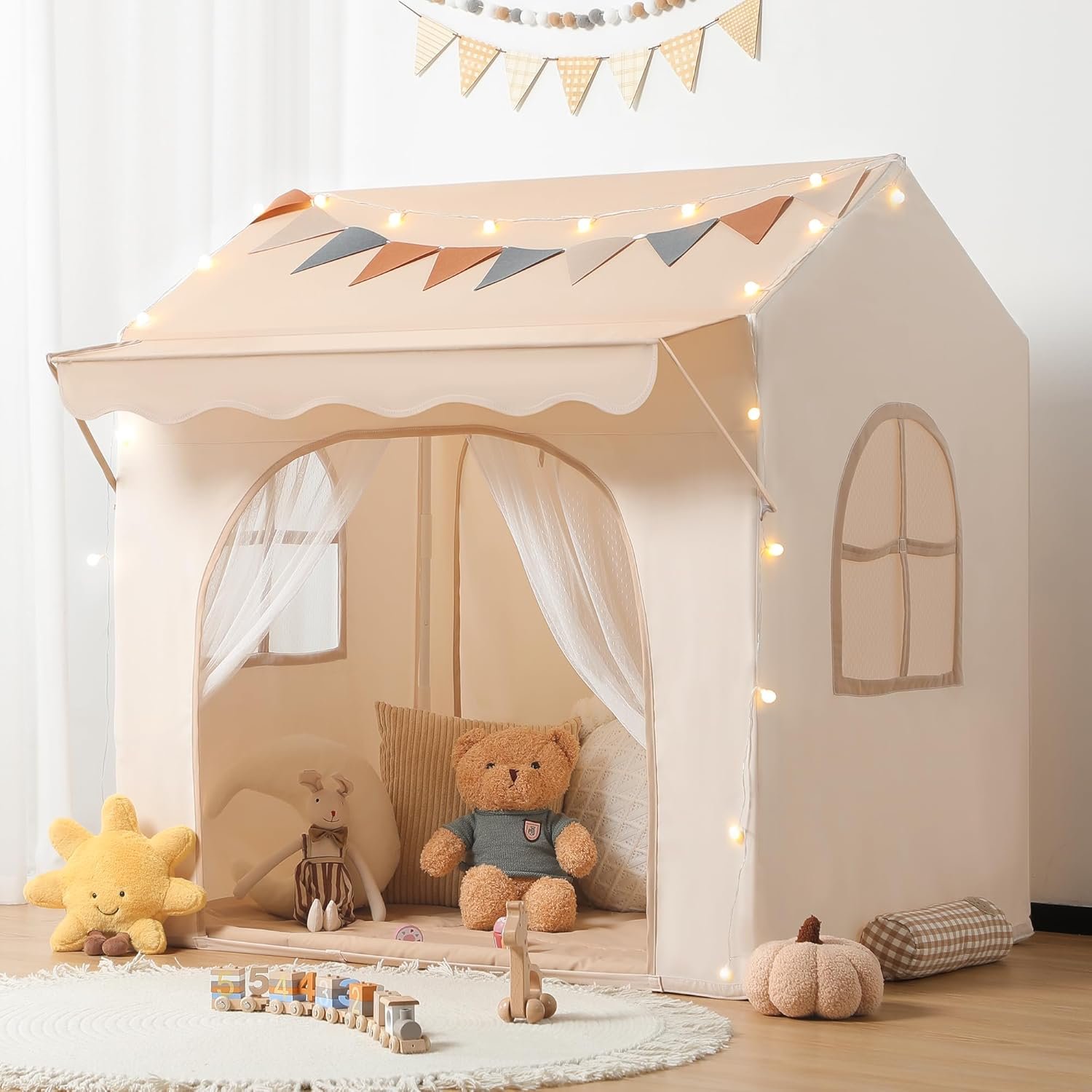 besrey Kids Play Tent with Eave, Toddler Tent 2 in 1 with Padded Mat and Lights, Large Playhouse with 2 Doors & 2 Windows, Indoor & Outdoor, Christmas Toddler Playhouse, 51″ x35″ x 47″