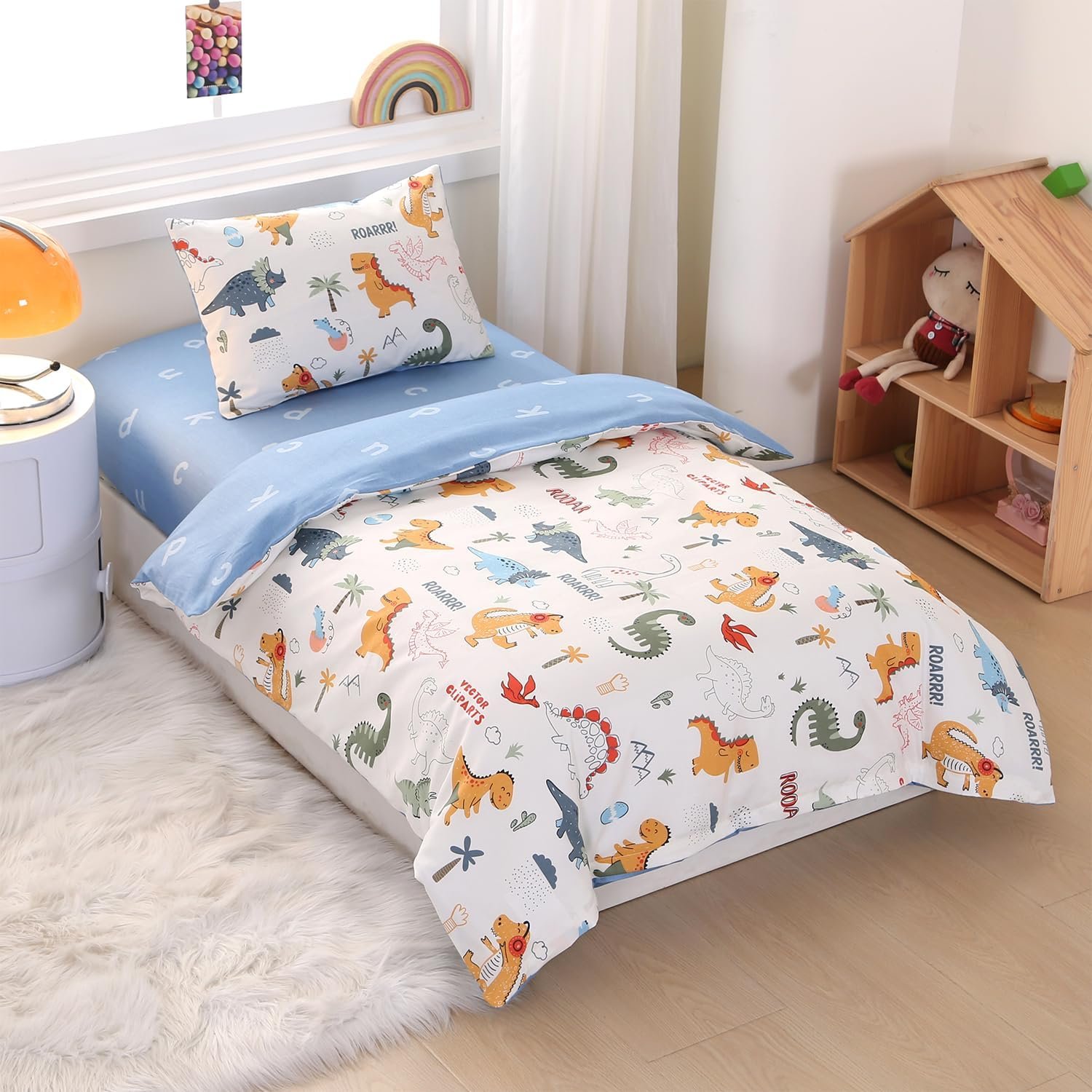 100% Cotton inosaur Crib Bedding Set with Cute Animal Printed, 3 Pieces Nursery Bed Set Decor for Baby Girls and Boys – Fitted Sheet, Duvet Cover, Pillowcase