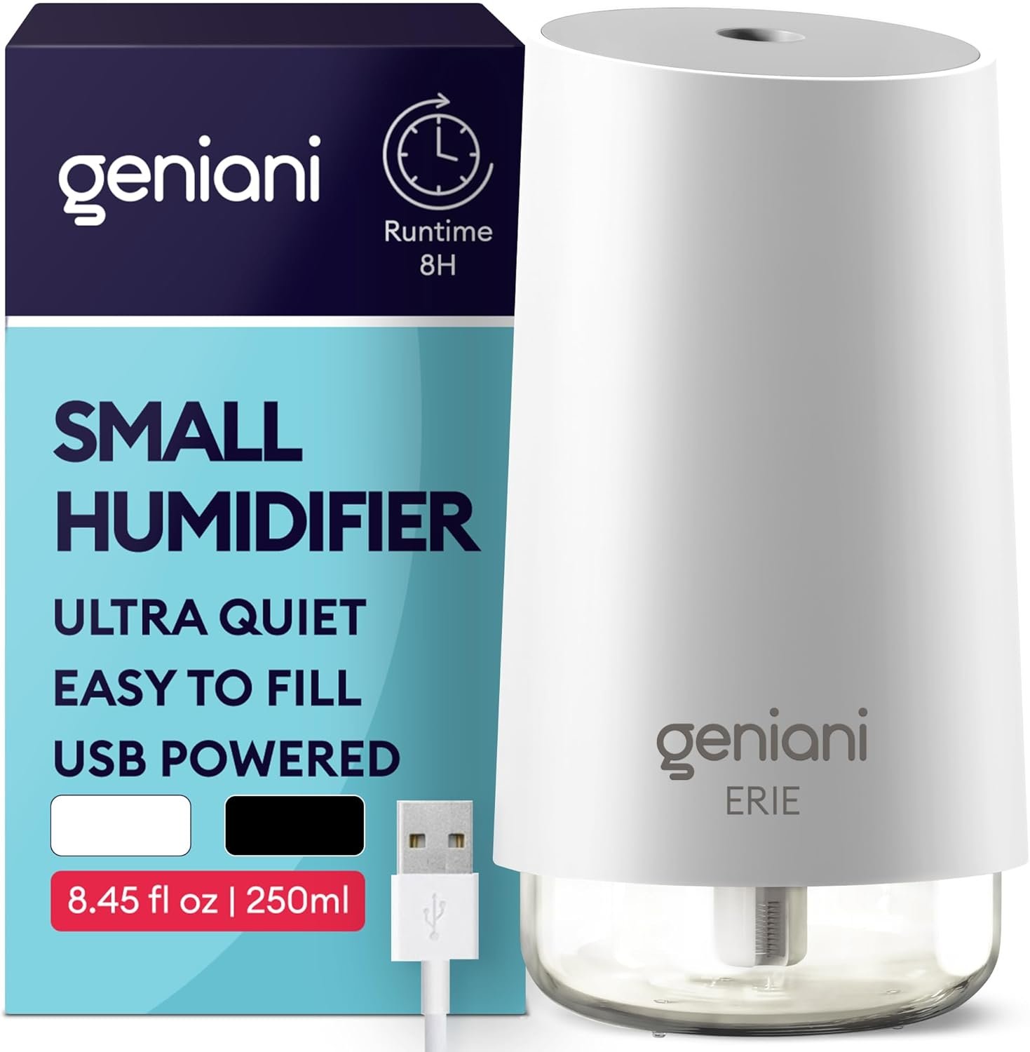 GENIANI Portable Cool Mist Humidifiers for Bedroom & Office – Ultrasonic Humidifier for Home, Baby, Small Room with Auto Shut Off, 250ML Easy to Clean Water Tank