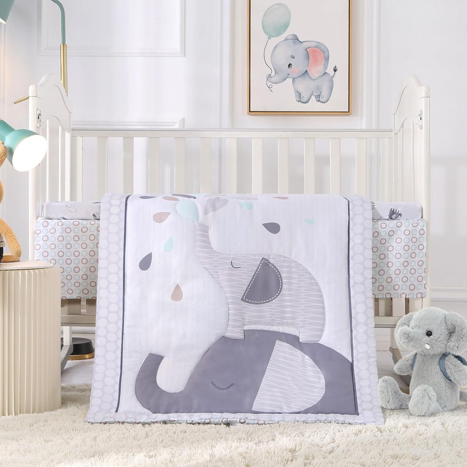 Crib Bedding Set for Boys, Premium 3 Piece Elephant Baby Crib Bedding Set, Baby Nursery Crib Comforter Set for Boys with Crib Comforter, Skirt and Sheet, Gray
