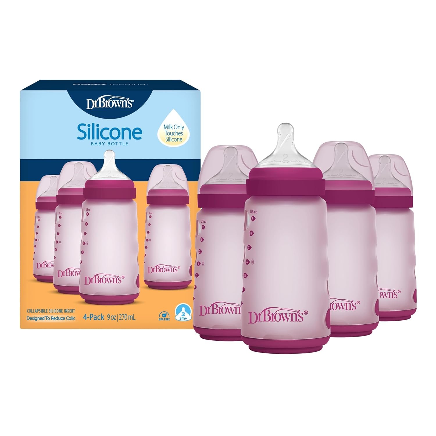 Dr. Brown’s Silicone Baby Bottle with Collapsible Insert Designed to Reduce Colic, 9 oz with Wide-Neck Level 2 Medium Flow Nipple, BPA-Free, 3m+, Pink, 4-Pack