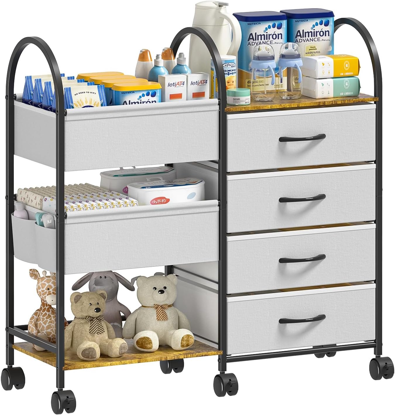 Baby Diaper Caddy Organizer Cart with Wheels, 4-Tier Rolling Diaper Cart with Dividers and Drawers, Multi-Layer Nursery Storage for Diapers & Baby Essentials