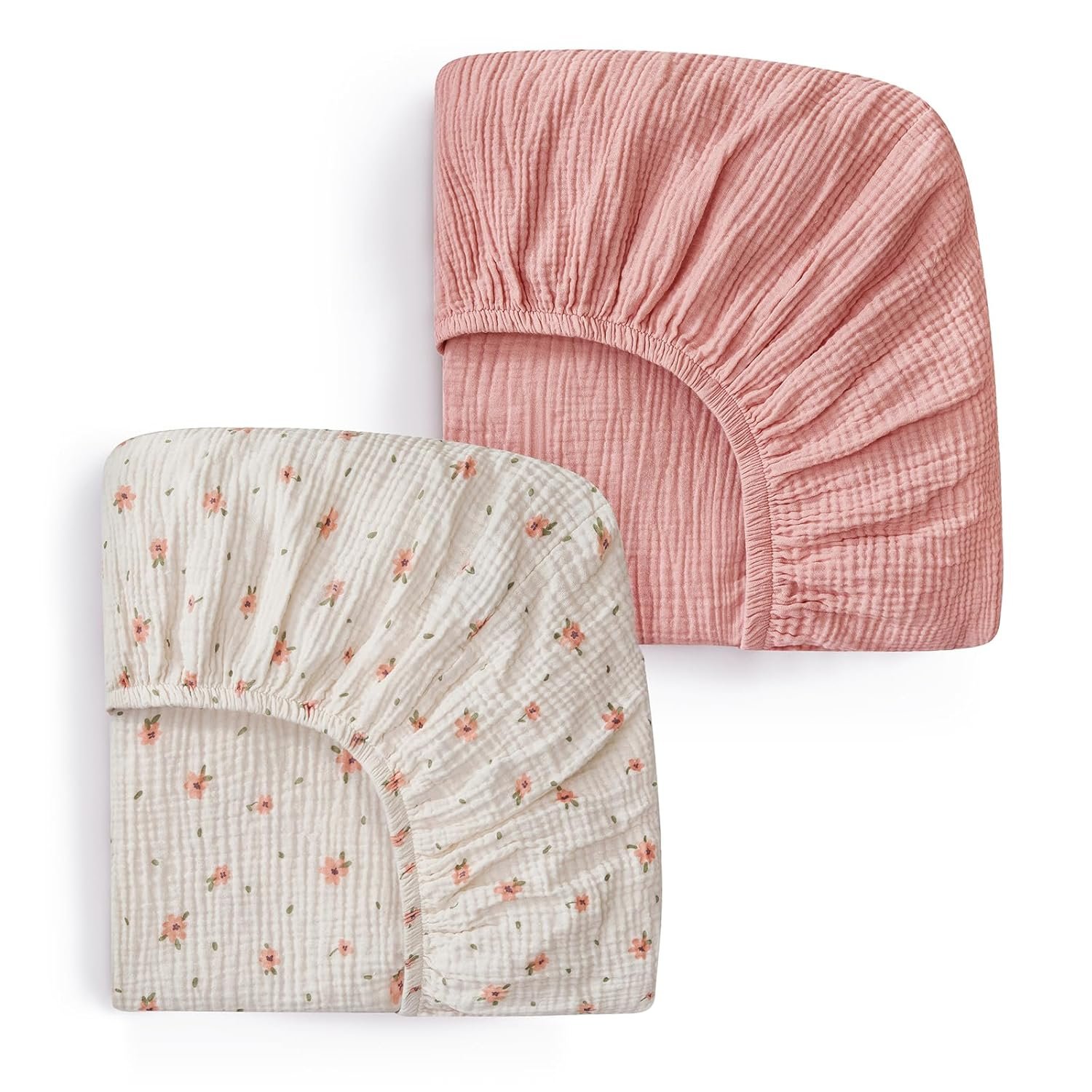 Blissful Diary Muslin Crib Sheets for Girl Boy, Boho Neutral Soft Cotton Baby Sheet for 52”x28” Standard Crib Mattress, 2 Pack(Pink Floral&Light Pink)