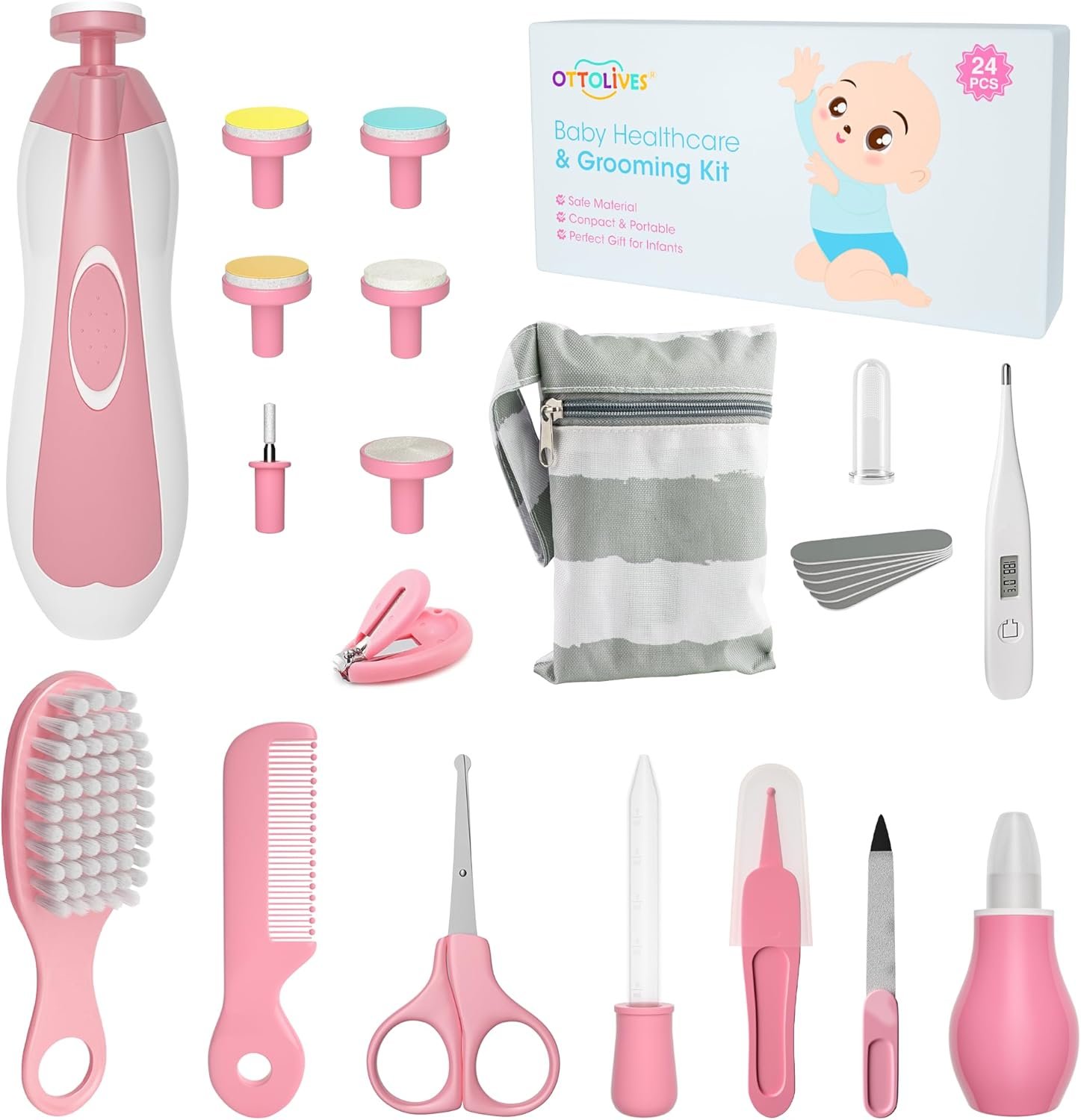 Baby Healthcare and Grooming Kit, 24 in 1 Baby Electric Nail Trimmer Set Newborn Nursery Health Care Set for Newborn Infant Toddlers Baby Boys Girls Kids Haircut Tools (0-3 Years+) (Pink)