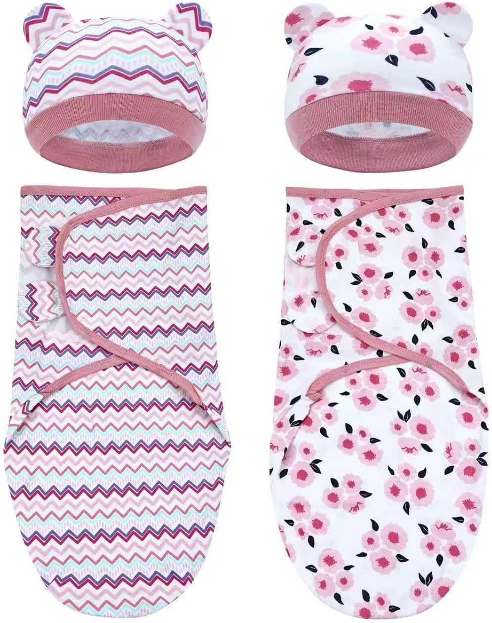 Dizila 2 Sets Adjustable Soft Cotton Blend Newborn Infant Baby Girl Receiving Swaddle Blankets Sleep Sacks with Matching Nursery Hats Caps Beanies Bonnets (Set 3)