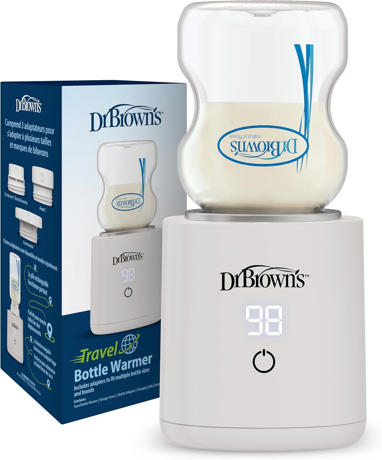 Dr. Brown’s Travel Baby Bottle Warmer, Quickly Warms Breast Milk and Water for Formula On-The-Go, Portable, Rechargeable, Cordless with 3 Bottle Adapters