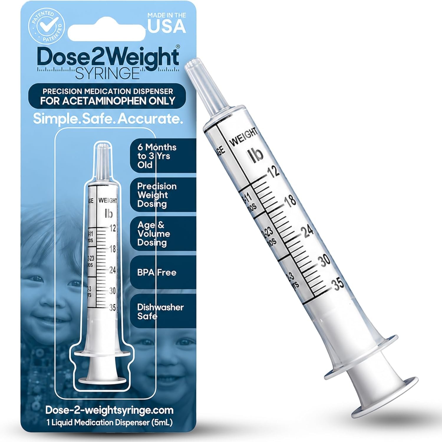 DOSE-2-WEIGHT Oral Syringe, Precision Dosing Dispenser for Infants Acetaminophen (160mg/mL), for Children Under 3 Yrs Old, Patented, Made in America