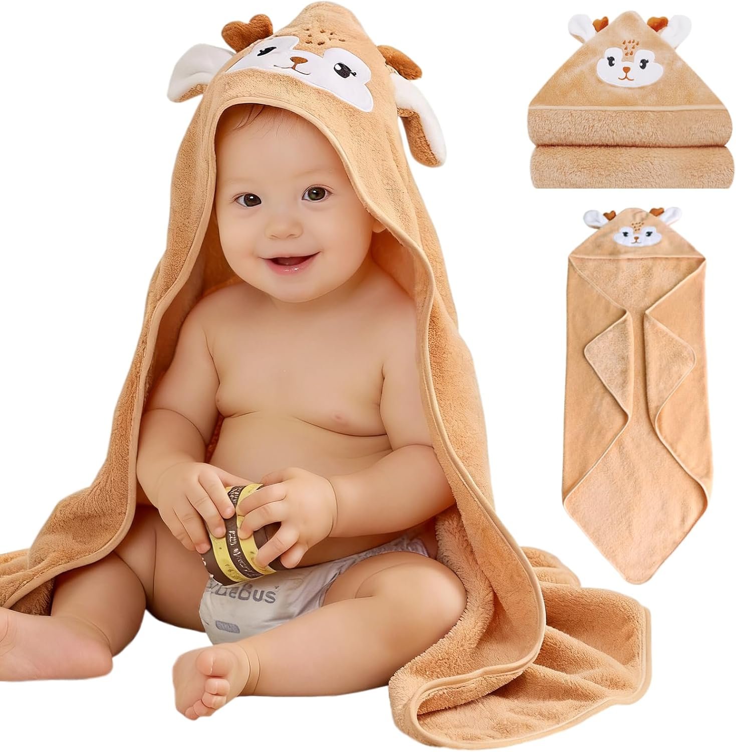 Hooded Baby Towel, Ultra Soft & Absorbent Fleece Baby Bath Towel with Hood, Cozy and Gentle for Newborns, Infants & Toddlers, Perfect for Boys & Girls (Brown Deer)