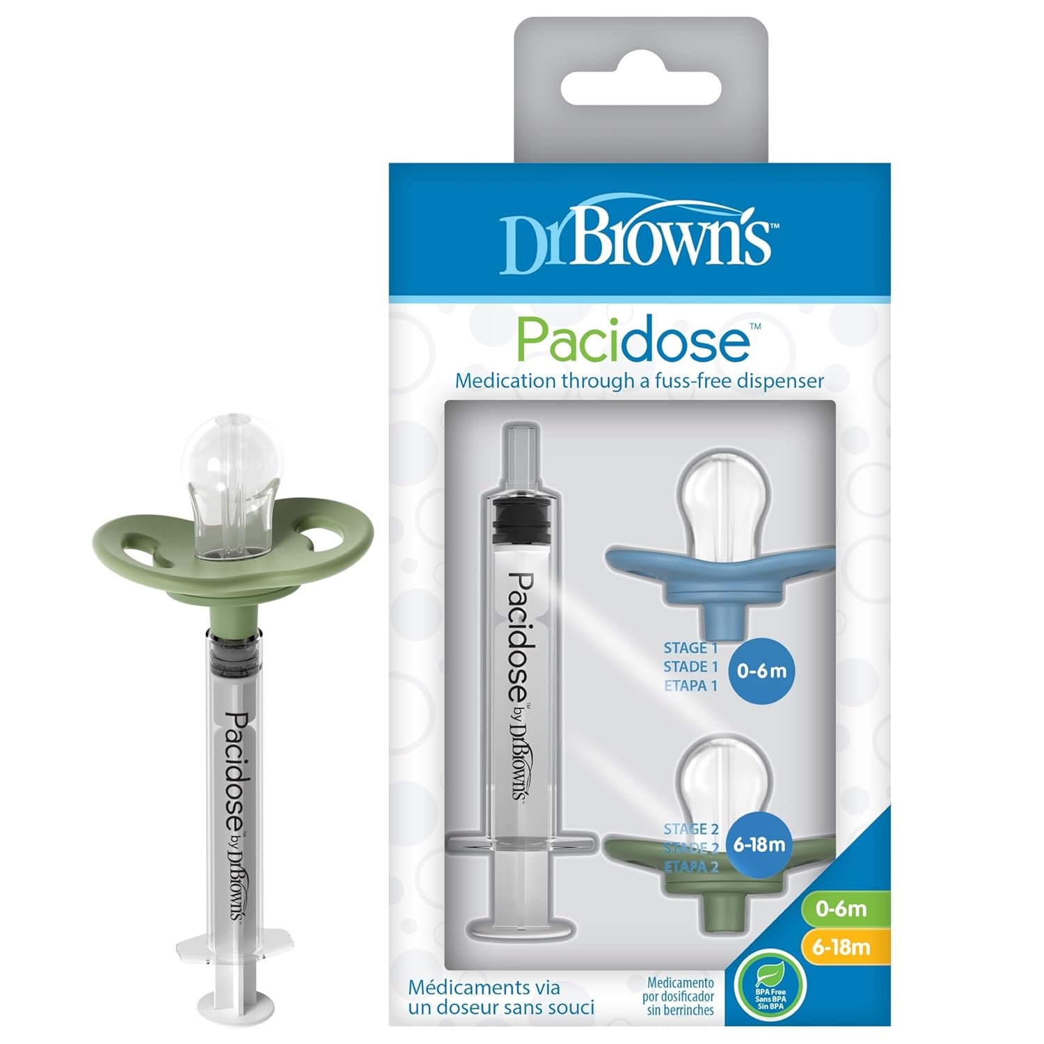 Dr. Brown’s Pacidose Liquid Medicine Dispenser for Babies and Toddlers, Oral Syringe and Two Bulb Sizes, 0-6 m and 6-18 m, BPA-Free
