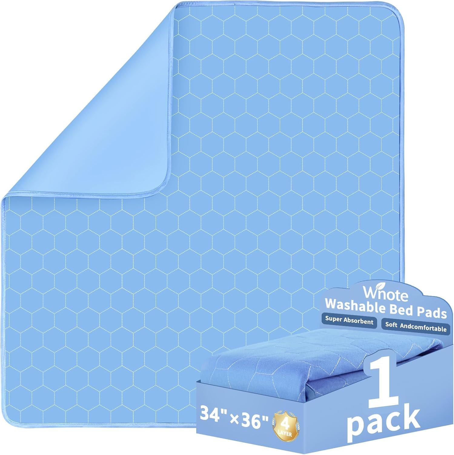 Wnote® 34″x36″ Reusable Incontinence Bed Pads (1 Pack) – 500+ Washes Leakproof Washable Underpads – Blue Heavy Absorbency Bedwetting Mattress Protector Pee Pads for Adults & Kids