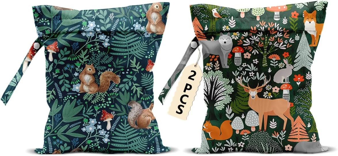 2Pcs Forest Animal Wet Bags 12×10 Inch, Cottage Core Botanical Waterproof Travel Laundry Bags, Squirrel Fox Wolf Reusable Wet Dry Bag for Swimsuit Pool Beach Diapers Dirty Yoga Gym Clothes