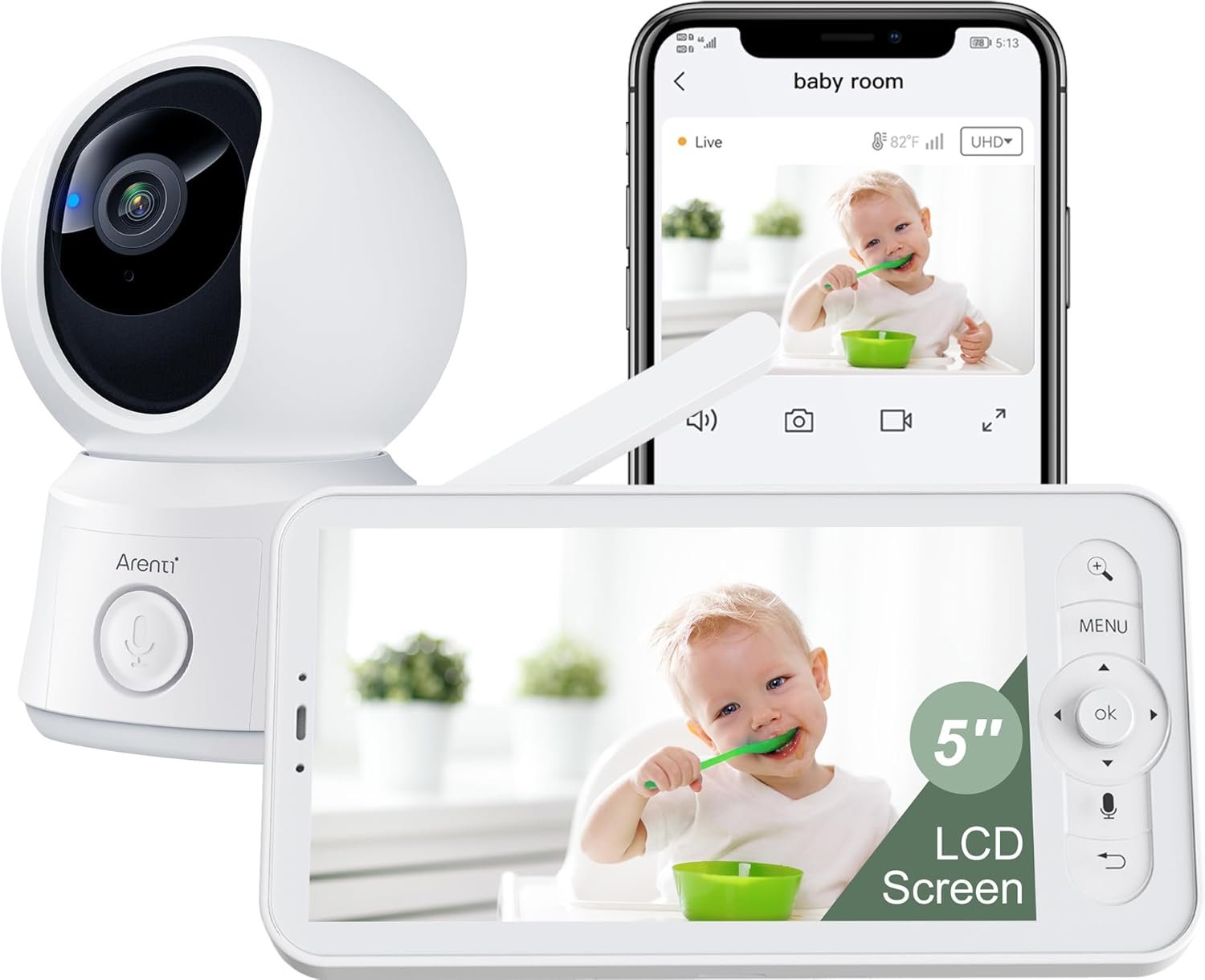 ARENTI WiFi Baby Camera Monitor, 5-inch Screen, Smartphone App, Motion Tracking, Timed Detection, Encrypted Connection, Super Night Vision, 2-Way Talk, Temp Sensor, Lullaby, Support Local Storage