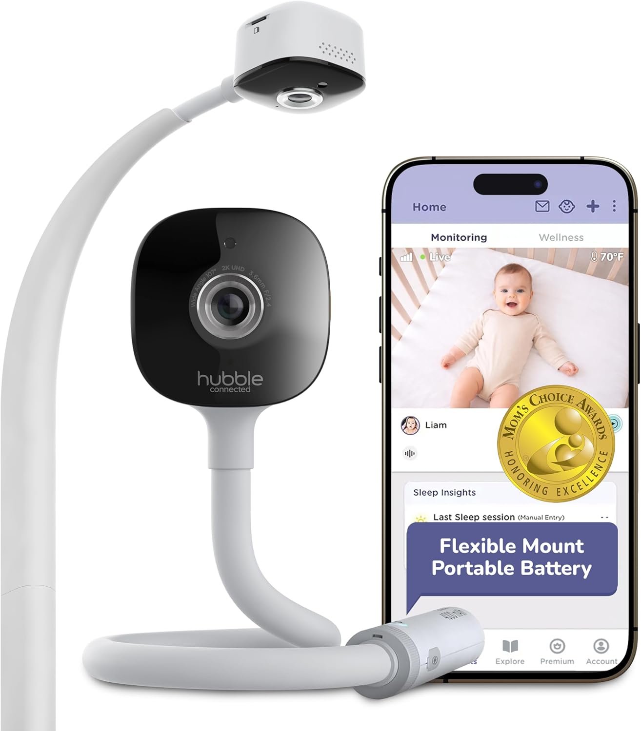 HUBBLE CONNECTED GoBaby AI Portable Baby Monitor — 2K Ultra Clear HD Baby Camera w/Portable Battery, Rollover Detection, True Cry Alerts, Sleep Analytics — Includes Flexible Mount and Power Cables