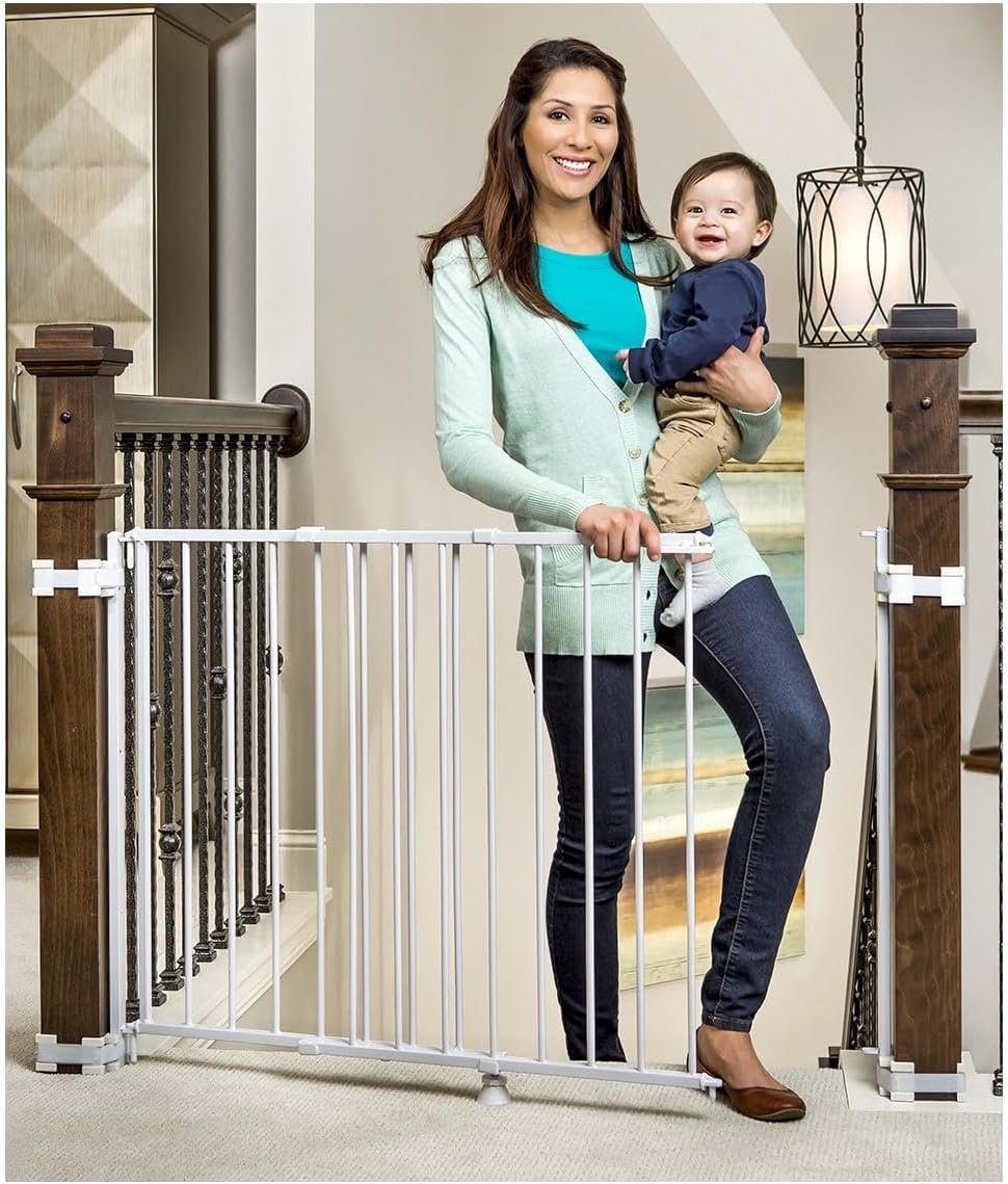 Regalo Safety 29-43″ Top of Stairs Baby Gate, Extra Wide Baby Gate, Extra Wide Hardware Mounted Stair Gate with Banister & Wall Mount Kit, Walk-Through Safety Gate with Door for Toddlers & Pets