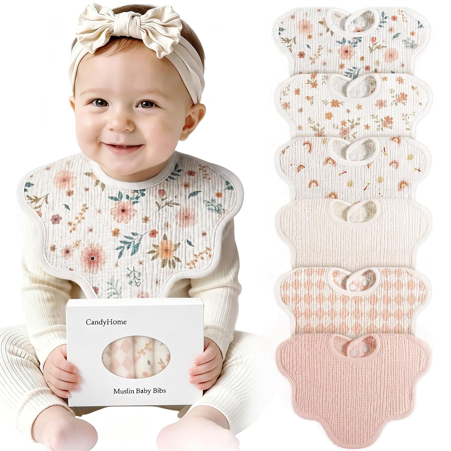 Muslin Bibs for Baby Girl Boy 6 Pack, 100% Cotton Extra Soft Absorbent Bandana Baby Bibs for Drooling and Teething Toddler Newborn Baby Girl Essentials Gifts
