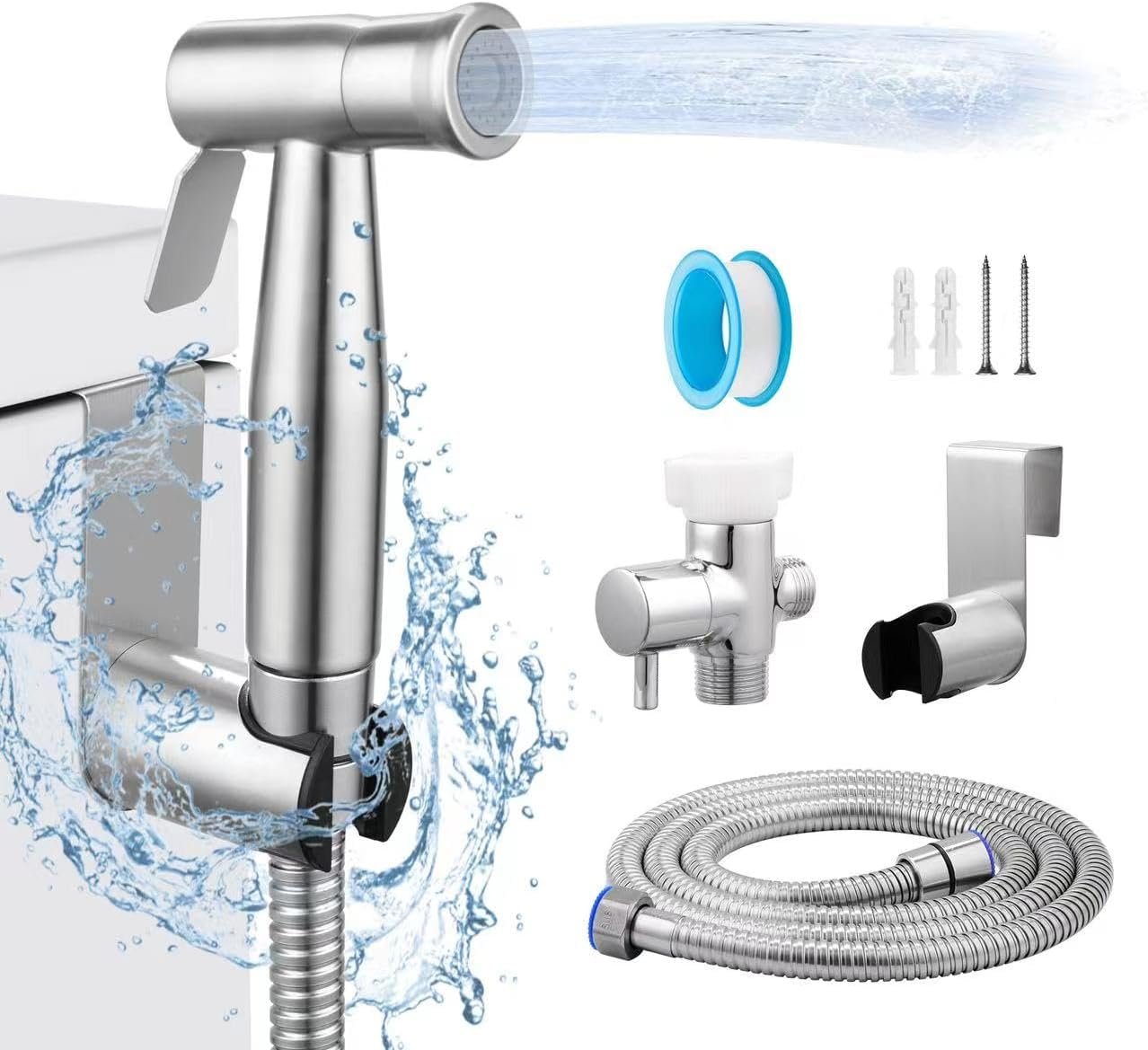Spray, Multifunctional Hand-held Bidet Spray, Bathroom Diaper Shower, Hose and Accessories – Bidet Hand-held Toilet Sprinkler with Dual Spray Function(Silvery)