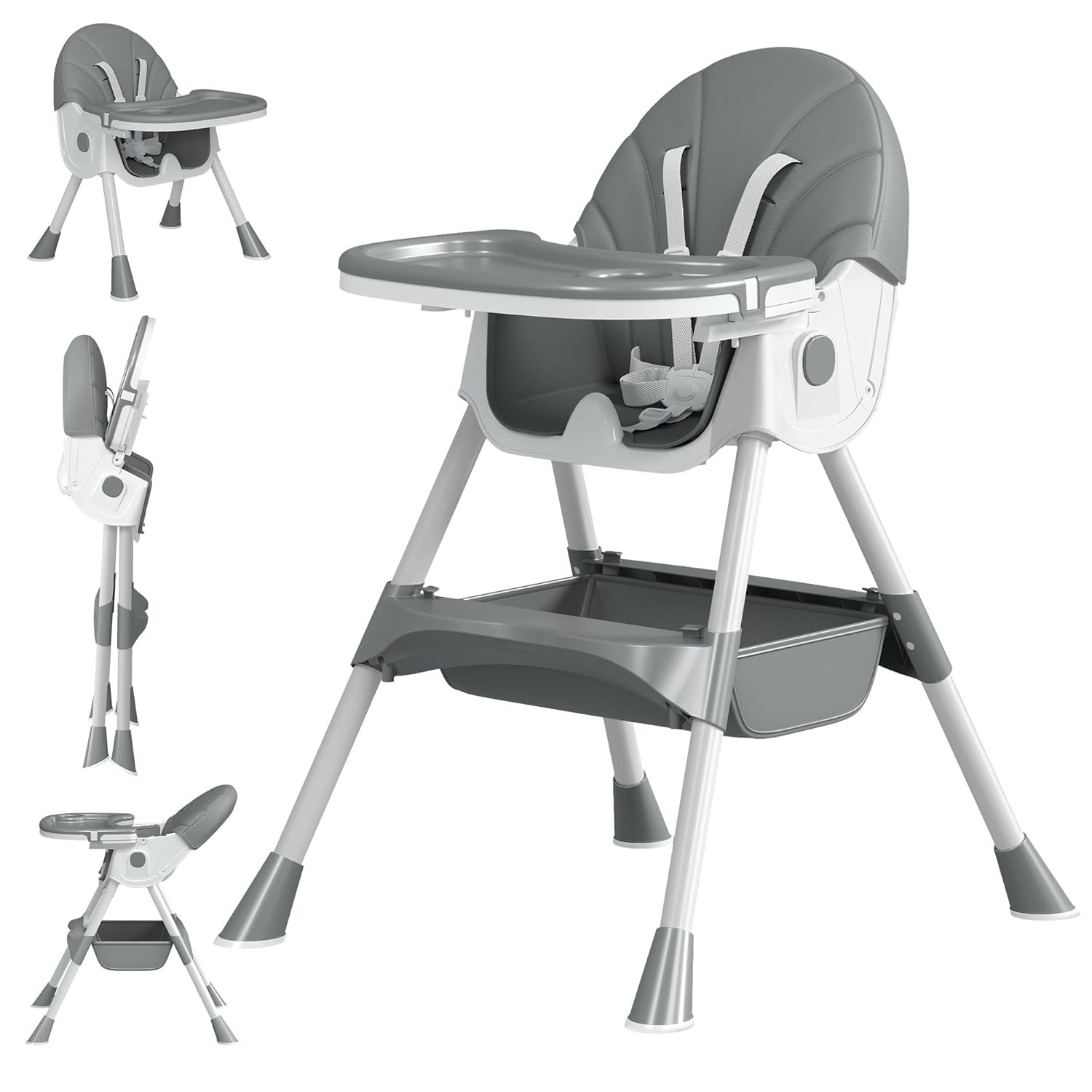 Baby High Chair, 5 in 1 High Chairs for Babies and Toddlers, Travel Foldable High Chair with Detachable PU Cushion, Double Removable Tray, Adjustable Height & Recline, Locking Wheels (Grey)