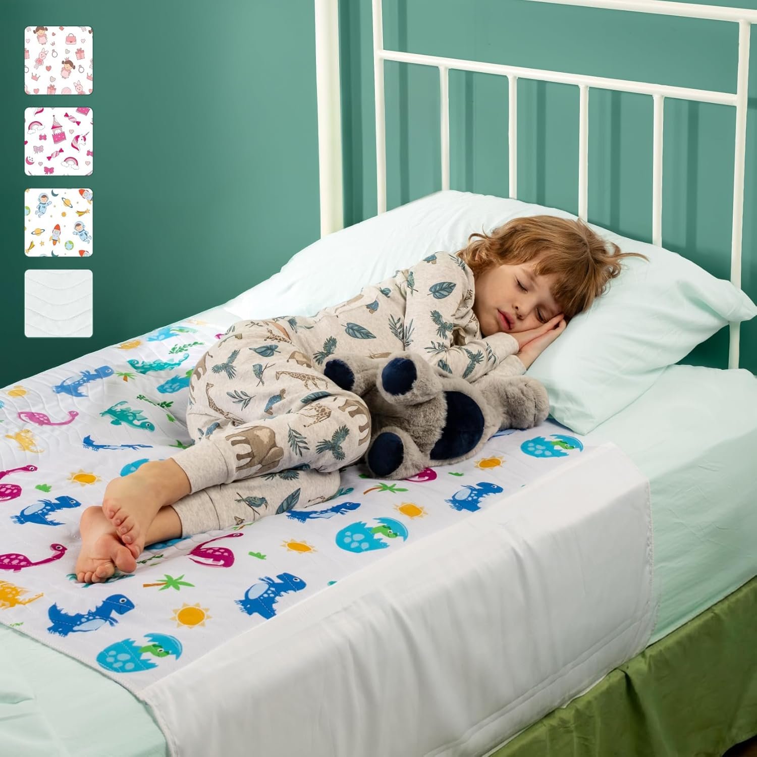 IMPROVIA® Pee Pads for Kids – Bed wetting Pads for Kids Potty Training Bed mats for Toddlers Waterproof Reuseable Washable Absorbent, Non Slip – Dino Design – Twin Size 34”x36