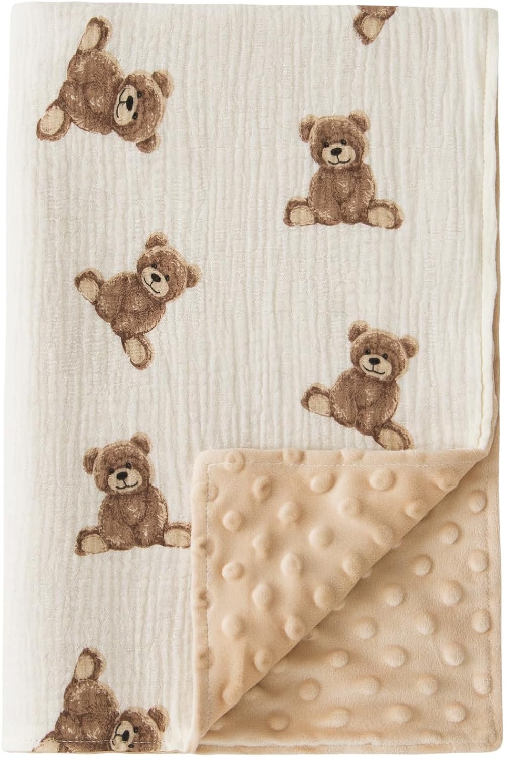 Little Jump Baby Blankets Minky Blankets for Unisex Boys Girls, Soft Fluffy Crib Blankets with Muslin Cotton Front and Dotted Fleece Backing, Teddy Bear Receiving Blanket for Newborn Infants