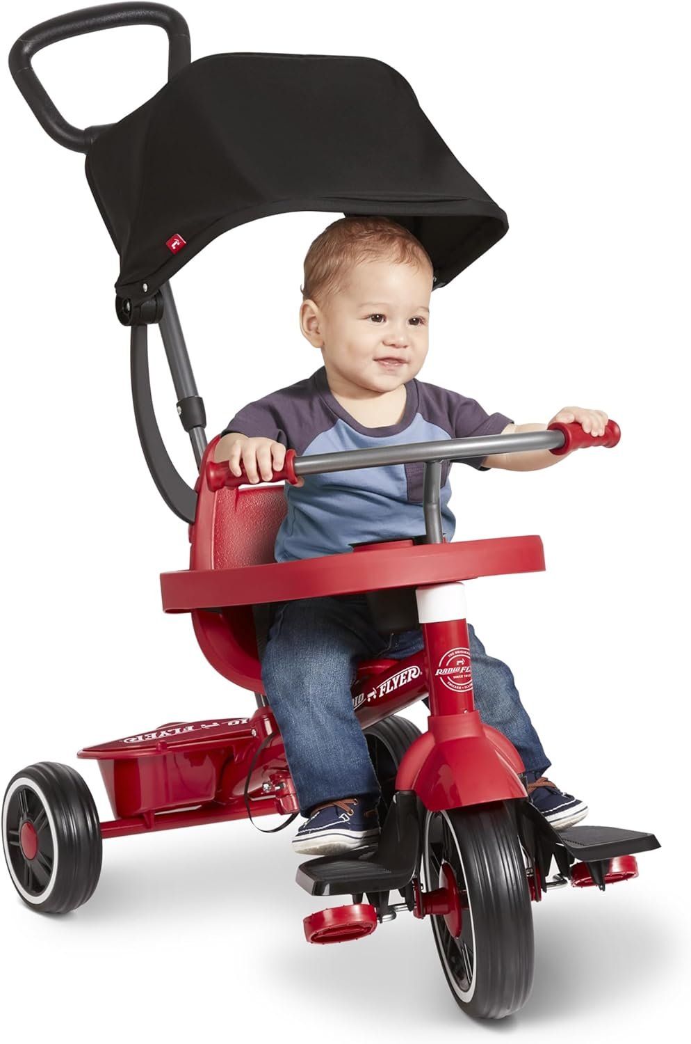 Radio Flyer 4-in-1 Stroll ‘N Trike, Ages 1-5, Toddler Tricycle & Stroller, Foam Tires, Push Handle, UV Canopy, Removable Tray & Seatbelt, Amazon Exclusive