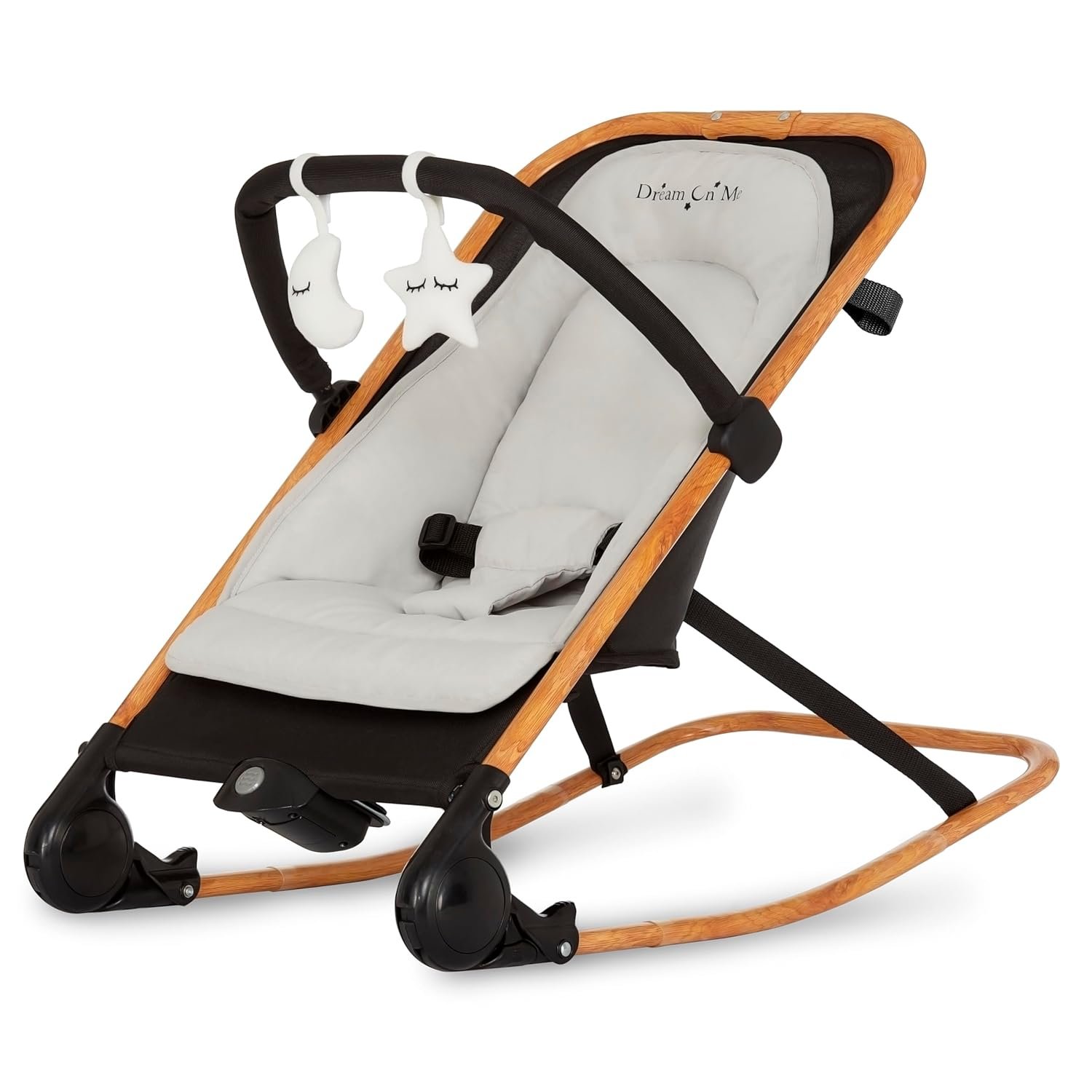 Dream On Me Rock On Me 2-in-1 Baby Rocker and Stationary Seat, Adjustable Recline, Gentle Music & Vibration, 3-Point Safety Harness, Detachable Toy Bar, Folds Compact for Travel – Black & Grey