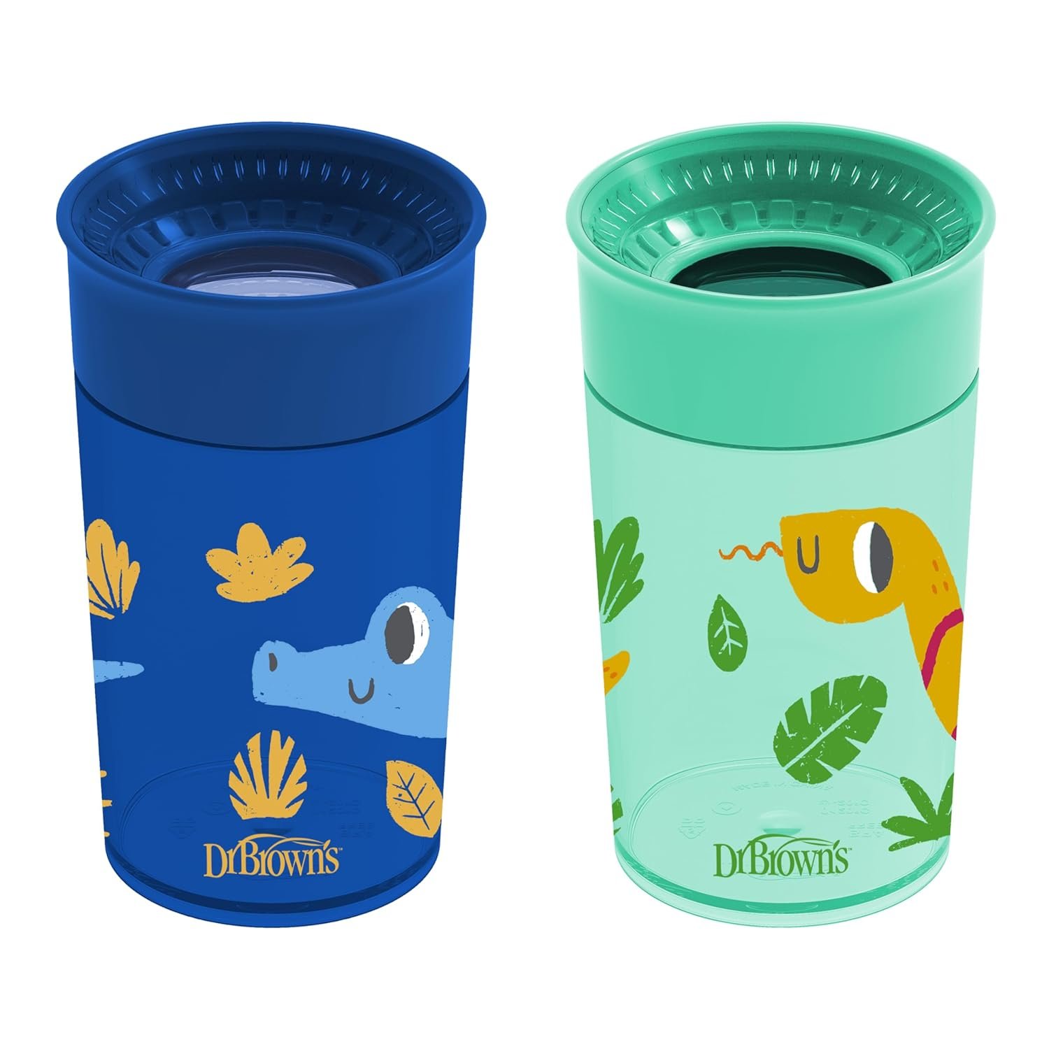 Dr. Brown’s Milestones Cheers 360 Spoutless Transition Cup, Travel Friendly and Leak-Free Sippy, Blue/Green Animals, 10 oz/300 mL, BPA-Free, 9m+, 2-Pack
