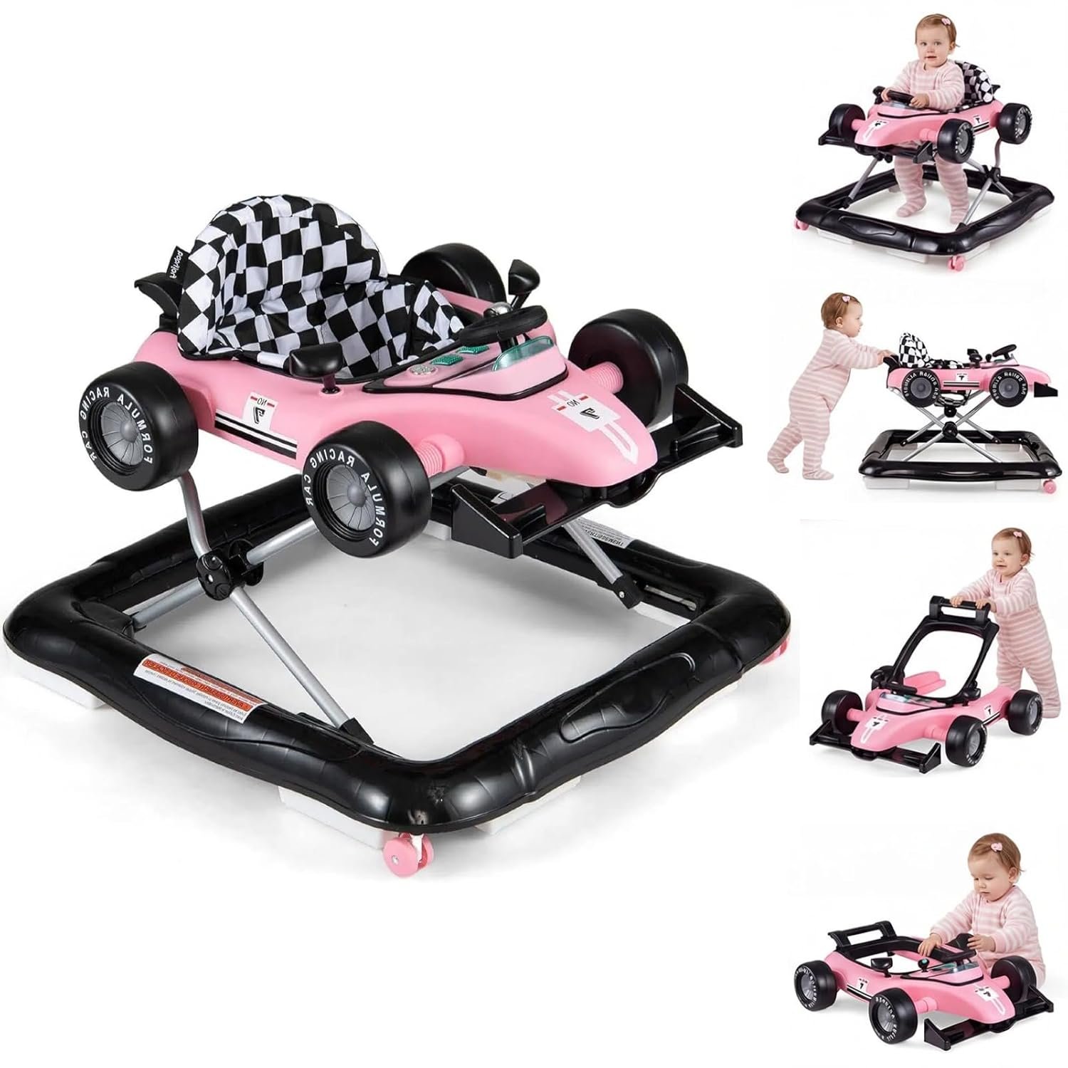 HONEY JOY Baby Walker, 4-in-1 Foldable Infant Activity Push Walker, Toddler Car Walker with Adjustable Heights, Music, Lights, Padded Seat, Baby Walker with Wheels for Boys Girls 6-18 Months (Pink)