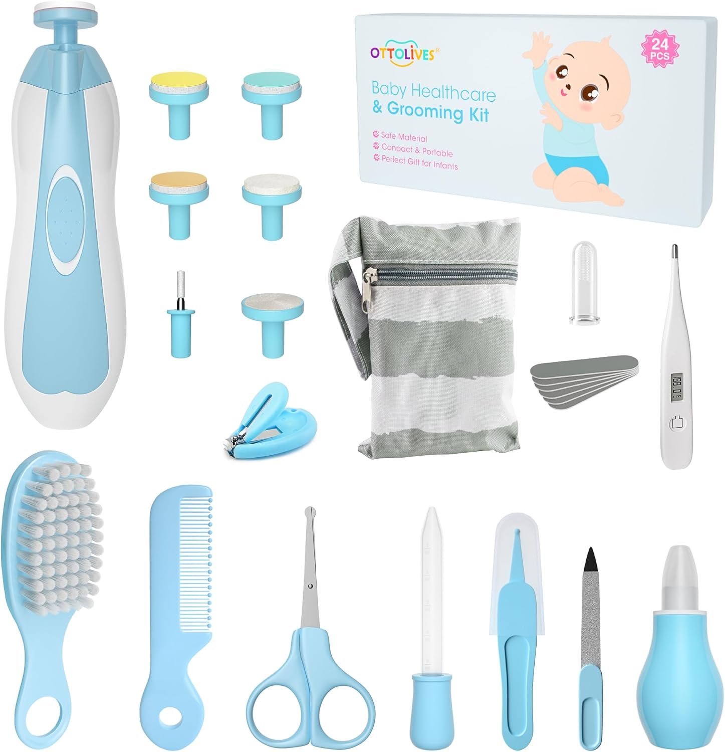 Baby Healthcare and Grooming Kit, 24 in 1 Baby Electric Nail Trimmer Set Newborn Nursery Health Care Set for Newborn Infant Toddlers Baby Boys Girls Kids Haircut Tools (0-3 Years+) (Blue)