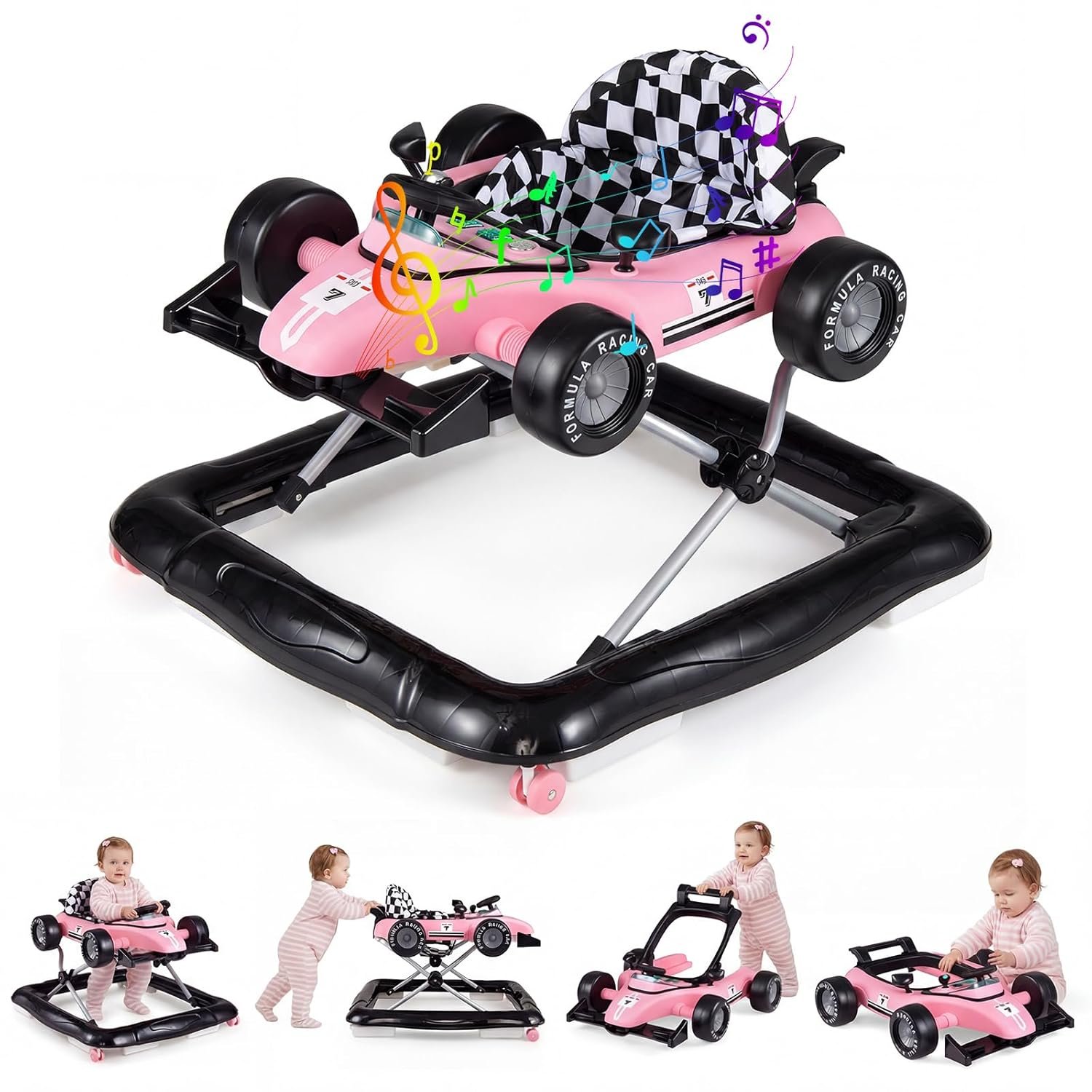 BABY JOY 4-in-1 Baby Walker, Foldable Activity Walker with Push Mode, Adjustable Height, Lights, Anti-Rollover, Baby Walker with Wheels for Boys Girls 6-18 Months (Pink)