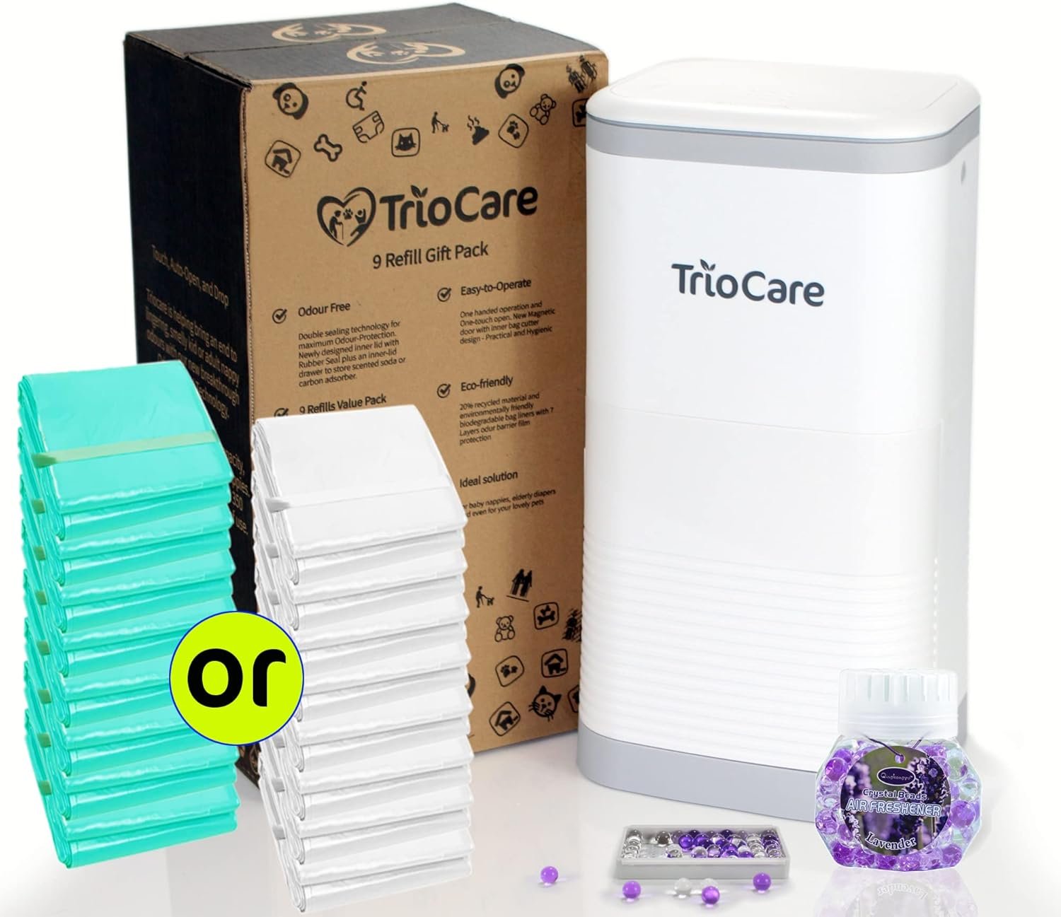 Odor Locking Blocking Control Diaper Pail White | Over 12 Months Refill Bag Supply 5292 Count | Lavender Scent Value Gift Set | Modern Design Baby Senior Adult Pet Waste Disposal Dignity Bin