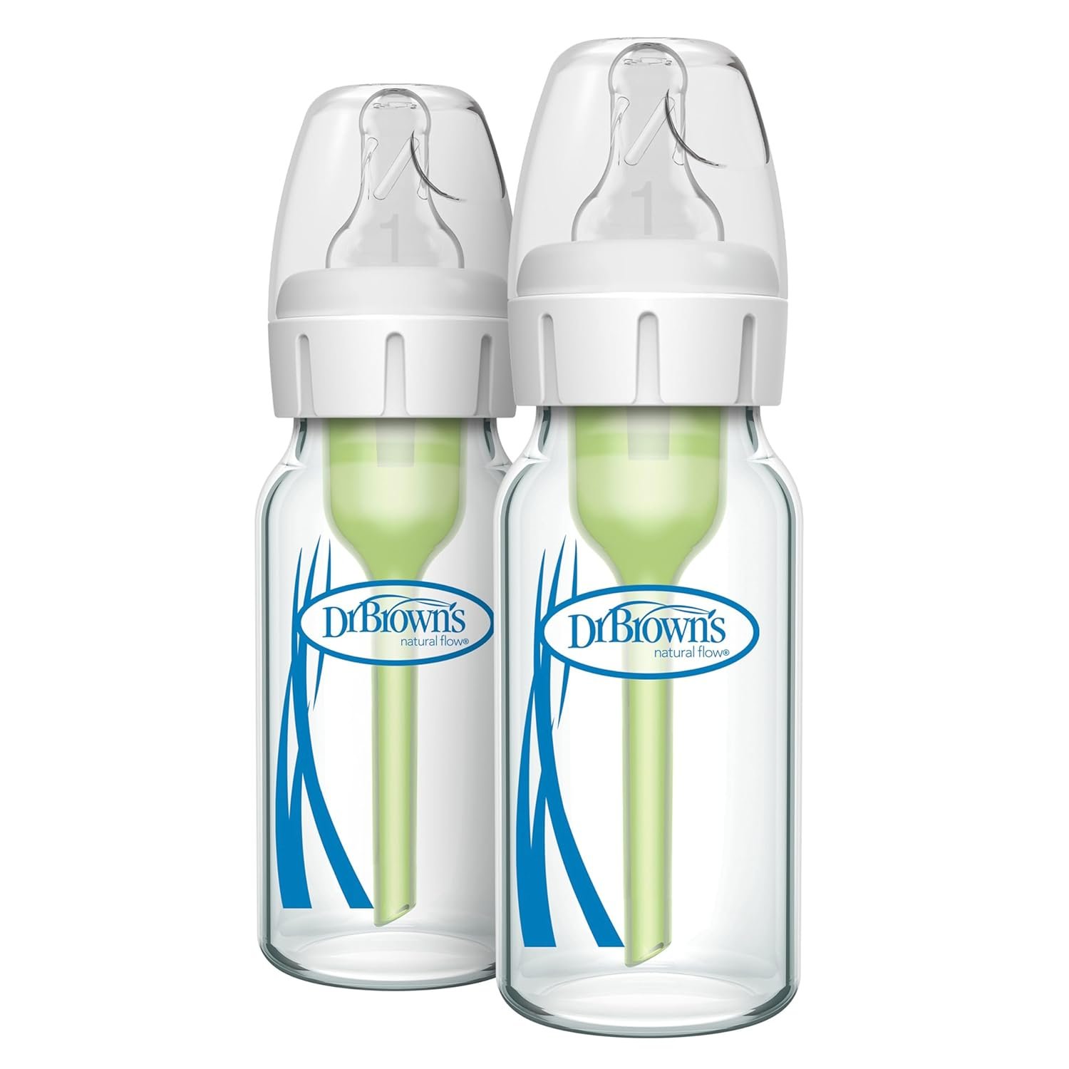Dr. Brown’s Anti-Colic Options+ Narrow Glass Baby Bottle with Level 1 Slow Flow Nipple, BPA-Free, 4 oz/120 mL, 0m+, 2 Count, 1-Pack