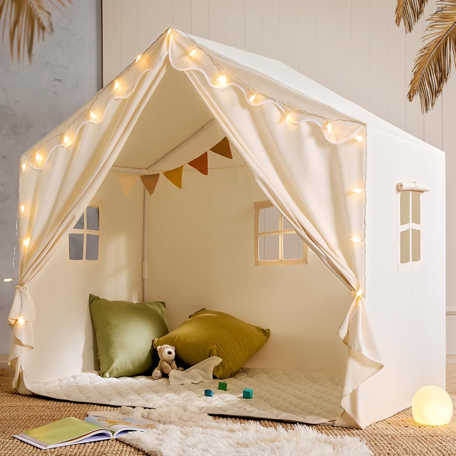 Tiny Land Kids Tent with Mat and Star Lights, Indoor Playhouse for Toddlers, 57″x36″x52″ Large Reading Nook for Girls & Boys, Modern Bed Canopy for Kids Room, Teepe Tent