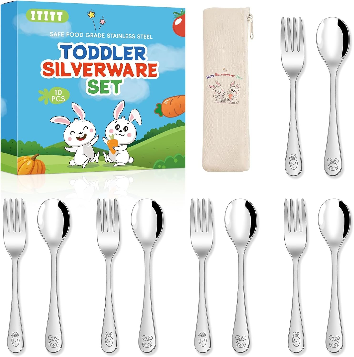 10 Pieces Stainless Steel Toddler Utensils Set – Food Grade Kids Silverware Set Children Safe Small Forks and Spoons Mirror Polished Sturdy and Durable Dishwasher Safe
