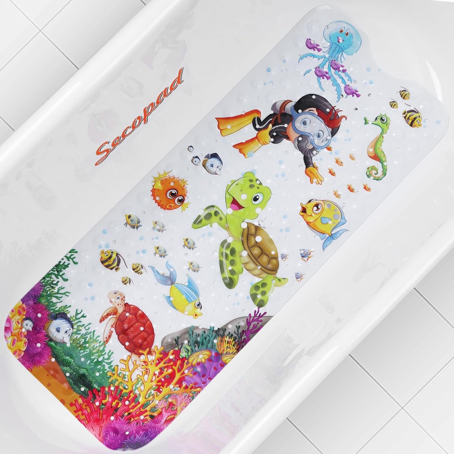 Bath Mat for Tub Non Slip, Machine Washable Anti Slip Cartoon Baby Bathtub Shower Mat with Drain Holes and Suction Cups for Toddler & Kids, 40 Inch x 16 Inch-Rectangular, Turtle