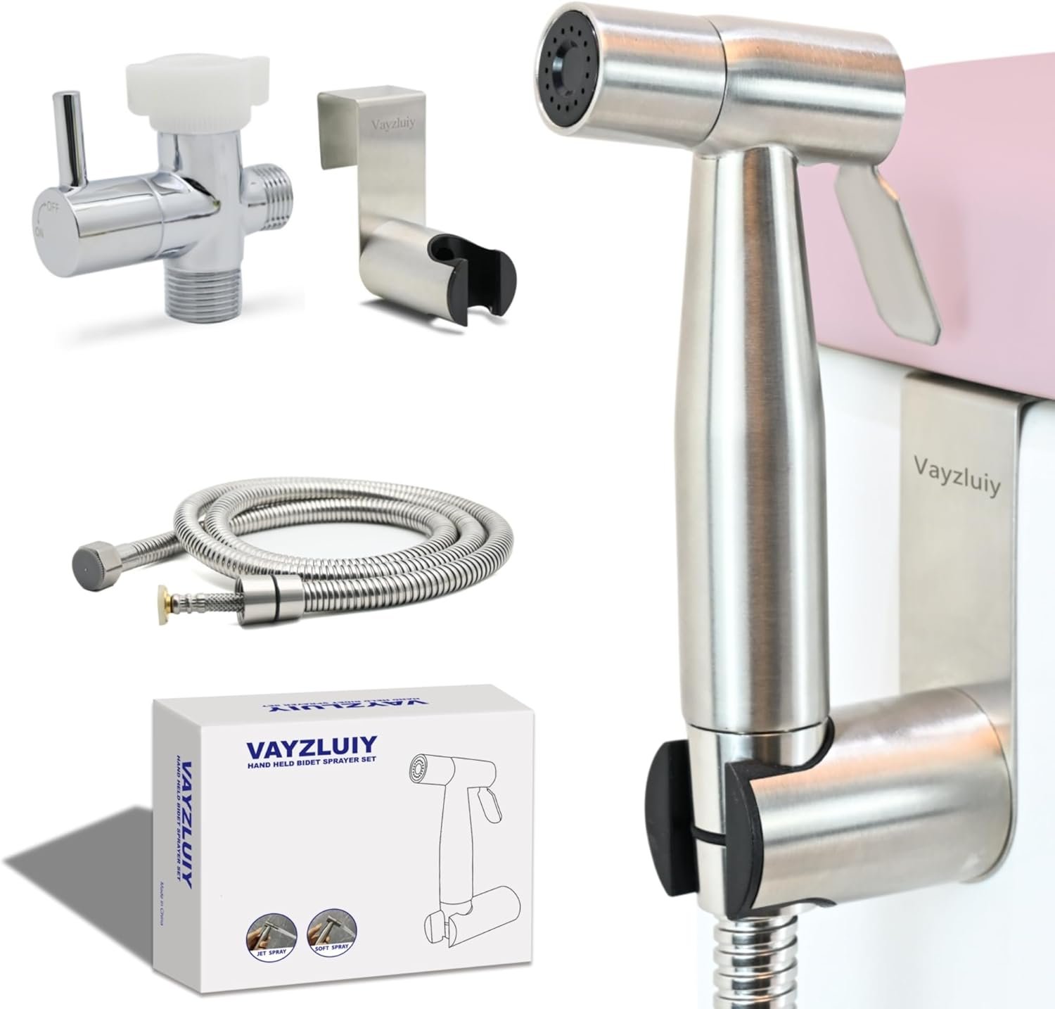 Vayzluiy Handheld Toilet Bidet Sprayer for Toilet-Adjustable Water Pressure Control with Bidet Hose for Feminine Wash, Stainless Steel Brushed Nickel Cloth Diaper for Baby Wash (Stainless Steel, 1)