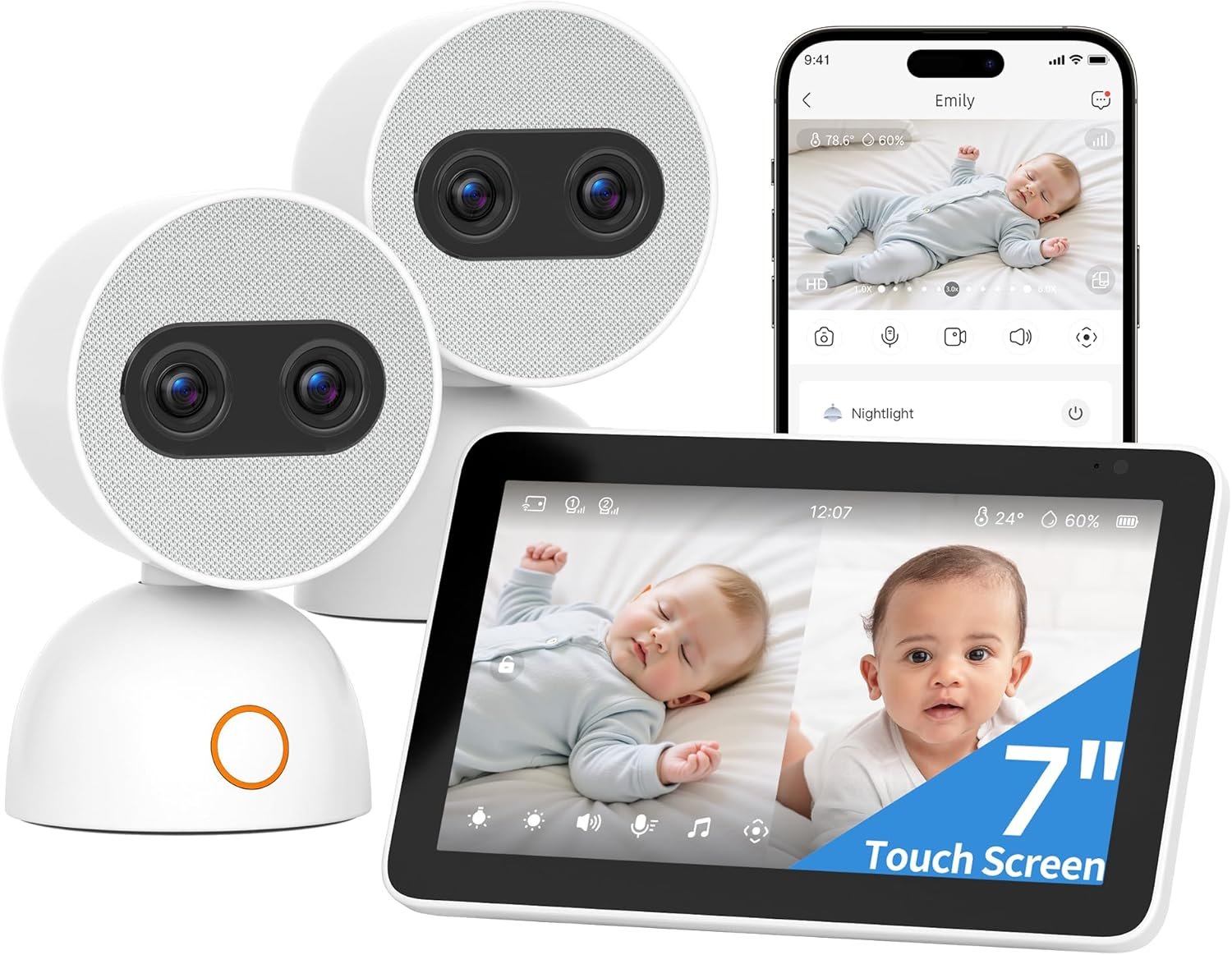 Simsky Split Screen Video Baby Monitor with 2 Cameras, Dual 4MP Cameras with 6X Zoom, 7″ UHD Touch Screen Portable Audio Baby Monitor, App Remote Acces 32GB Local Storage