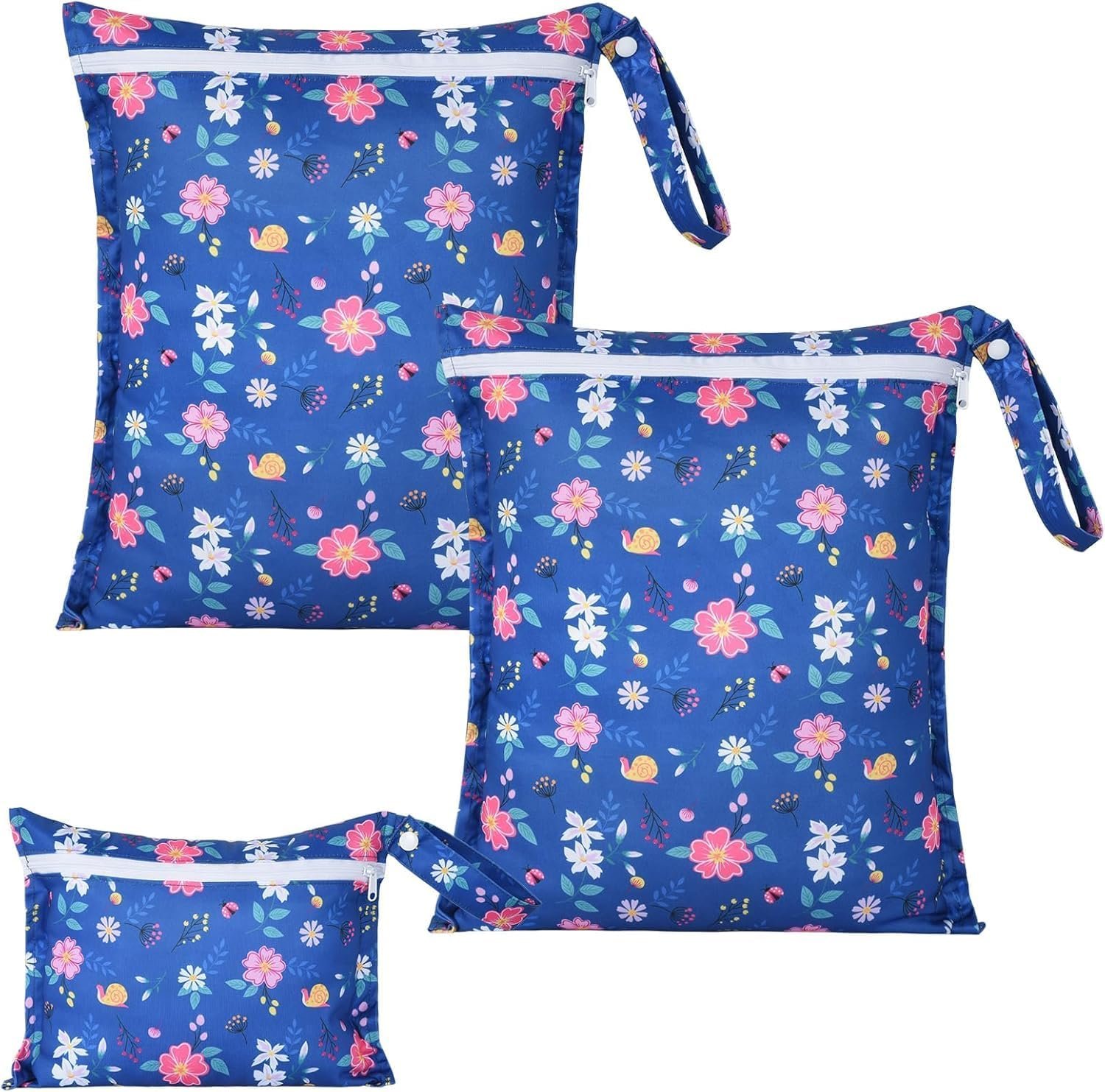 OTraki 3 Pack Waterproof Wet Dry Bag with Zippered & Handle Reusable Wet Clothes Bag Baby Cloth Diaper Wet Bags for Swimming Travel Beach Pool Gym,Drying Do Not Exceed 176℉ (Flower Pattern)