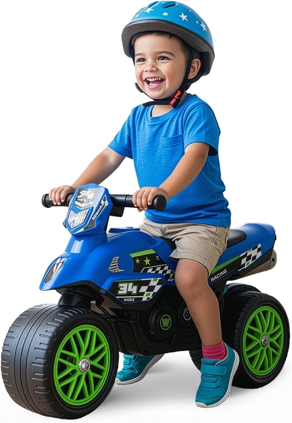 Waddle Kids Motorcycle Balance Bike – Toddler Ride on Toys w/Sounds, Wide Wheel Base, Rubber Coated Wheels, Foot to Floor Toddler Car Up to 44 Lbs, Motorbike for Kids Ages 18 Months to 3 Yrs, Blue