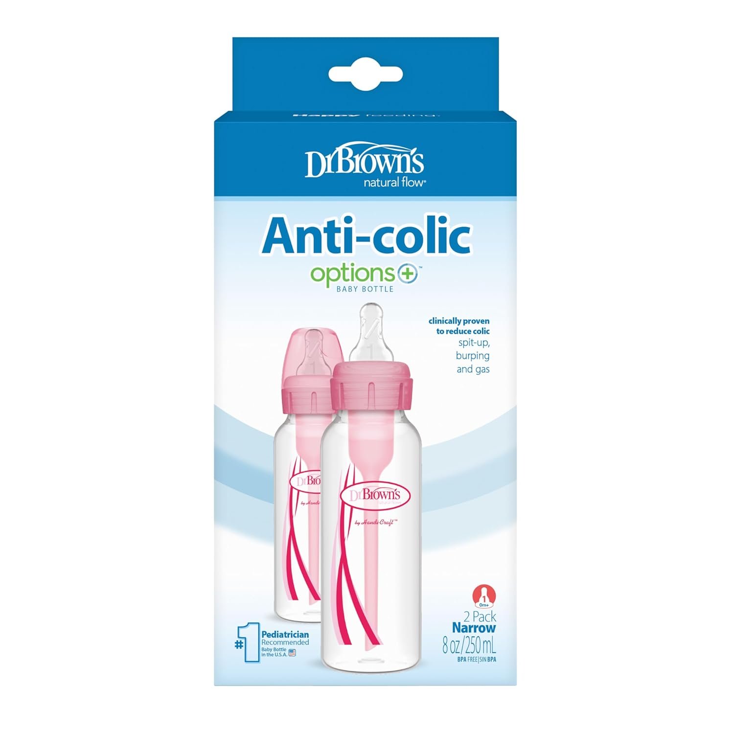 Dr. Brown’s Natural Flow Anti-Colic Options+ Narrow Baby Bottles, 8oz/250mL, with Level 1 Slow Flow Nipples, 2-Pack, Pink, 0m+