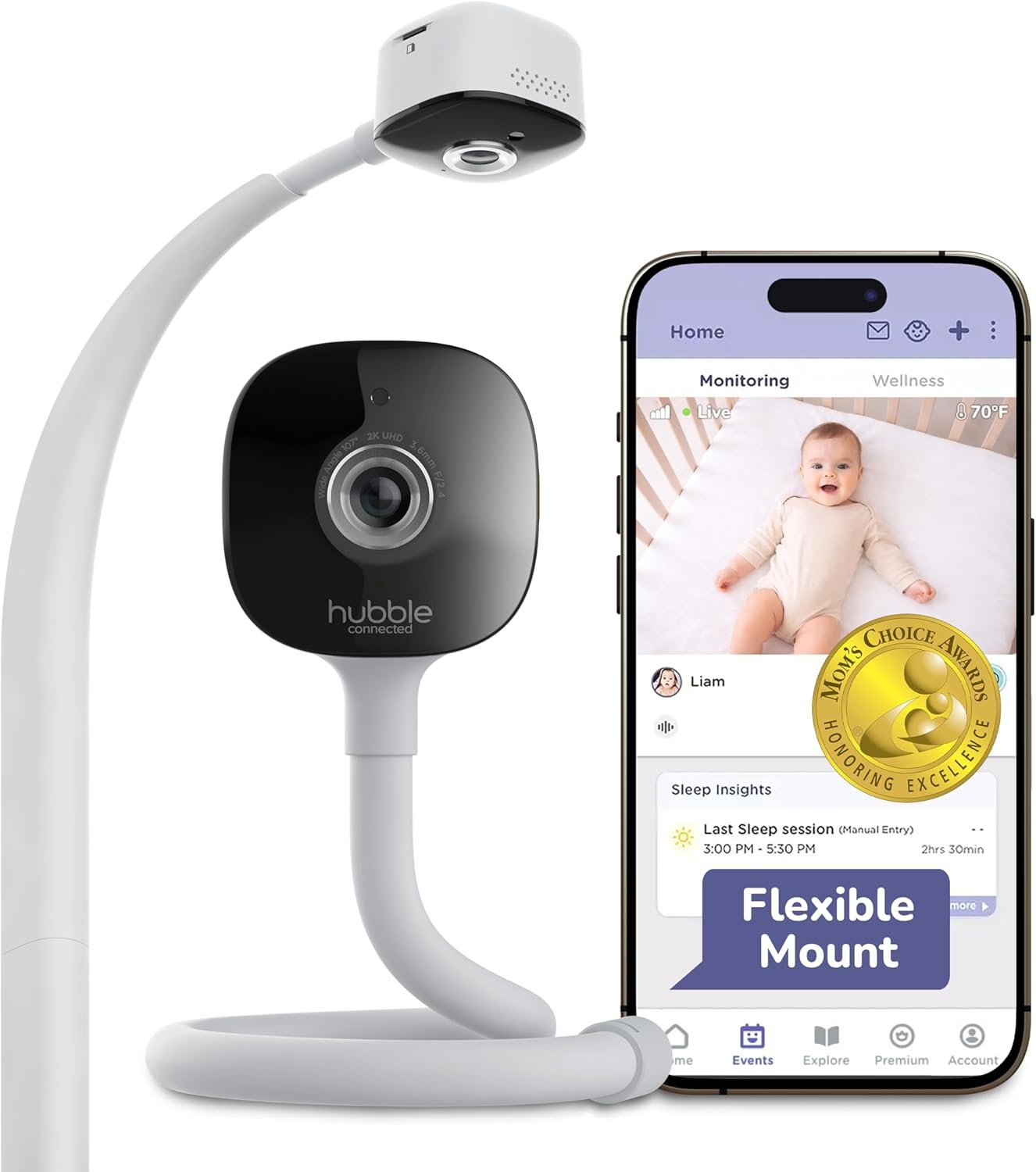 HUBBLE CONNECTED GoBaby AI – 2K HD Baby Monitor Camera w/Advanced AI Monitoring, Covered Face & Rollover Detection, True Cry Alerts, Sleep Training & Smart Soother — w/Flexible Mount