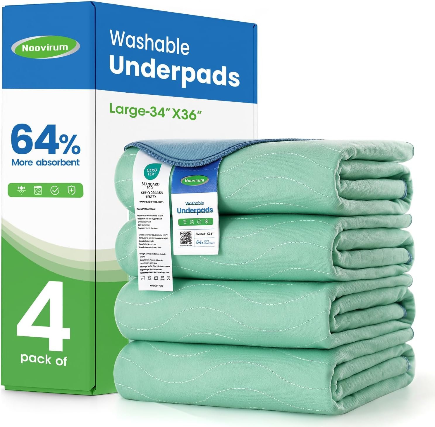 Noovirum® Washable Underpads,34″x36″ (Pack of 4) – Heavy Absorbency Incontinence Bed Pads for Adults, Kids & Pets – Waterproof Reusable Protective Pad for Bed, Sofa, Furniture & Floor